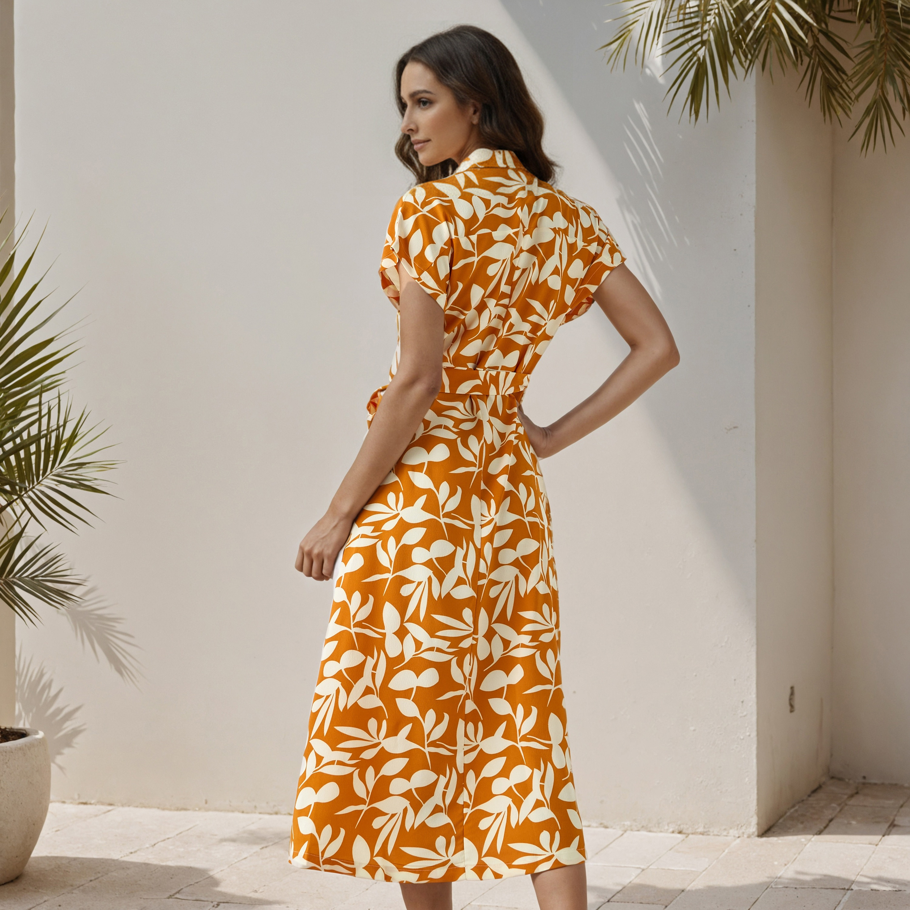 Leaf Print Wrap Style Women Dress with Tie-Up Detail-women-clothing-dresses-image-3