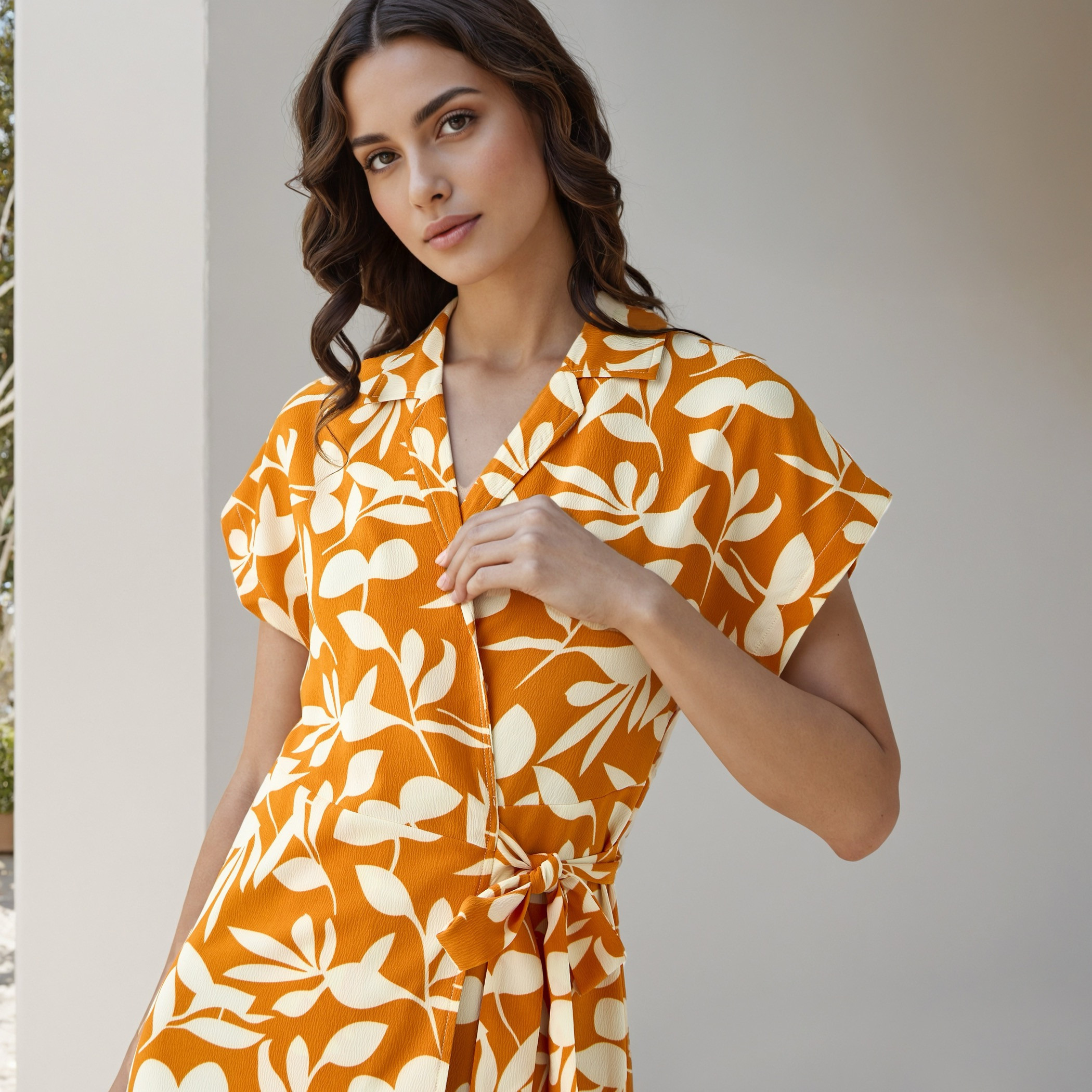 Leaf Print Wrap Style Women Dress with Tie-Up Detail-women-clothing-dresses-image-4
