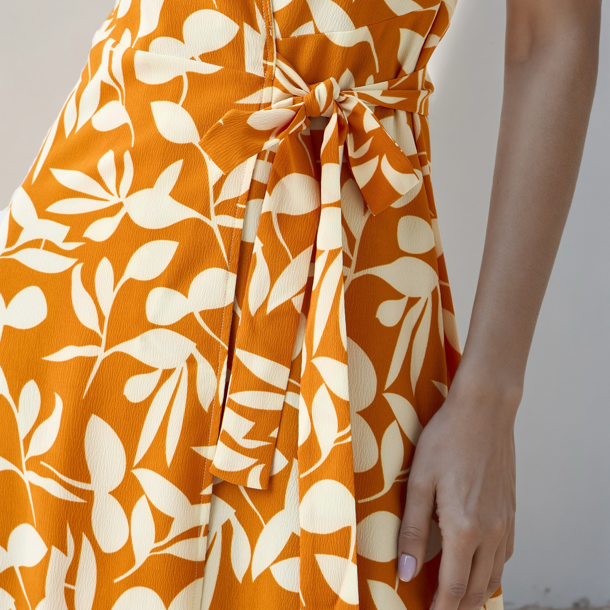 Leaf Print Wrap Style Women Dress with Tie-Up Detail-women-clothing-dresses-image-5