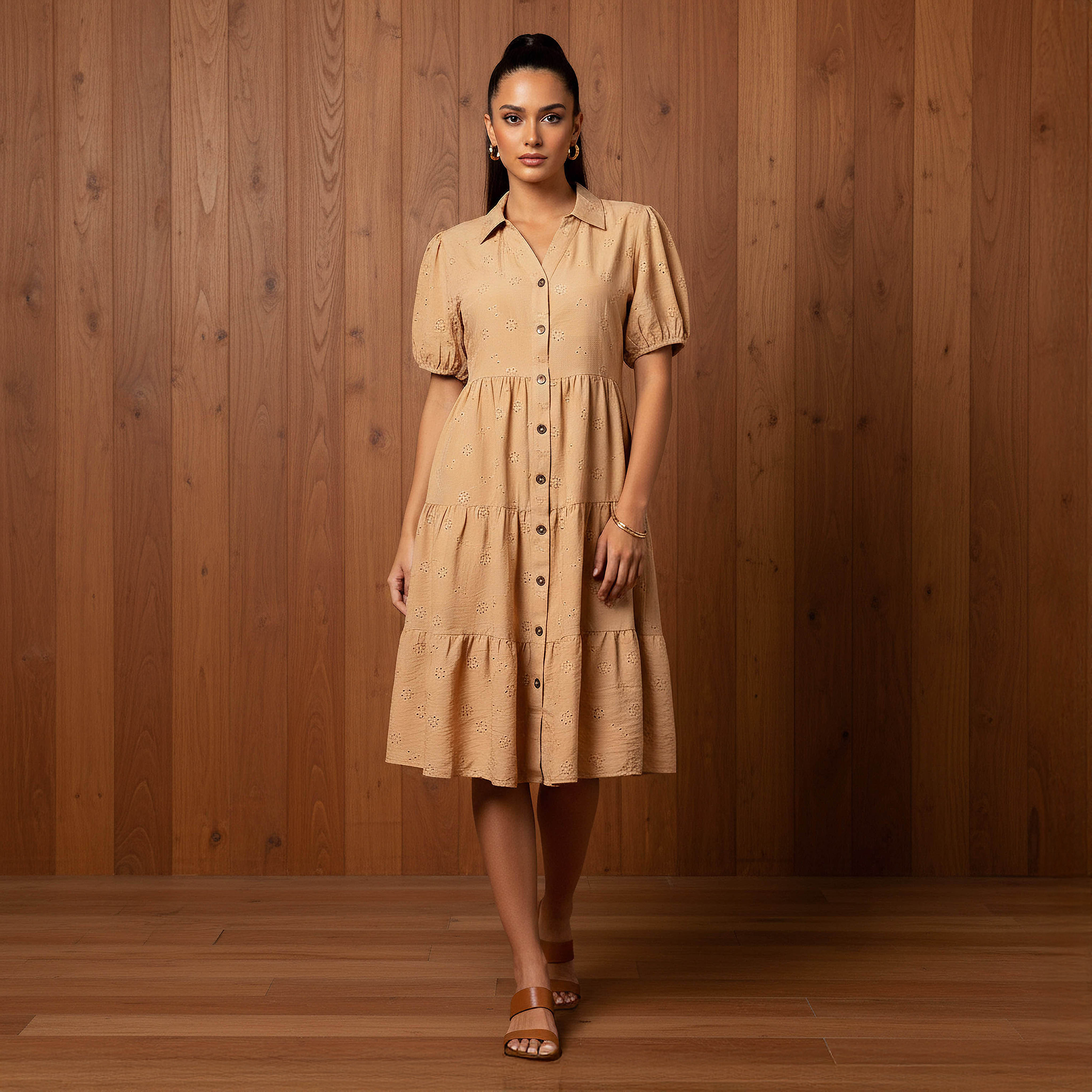 Schiffli Textured Tiered Women Dress with Collar-women-clothing-dresses-image-1