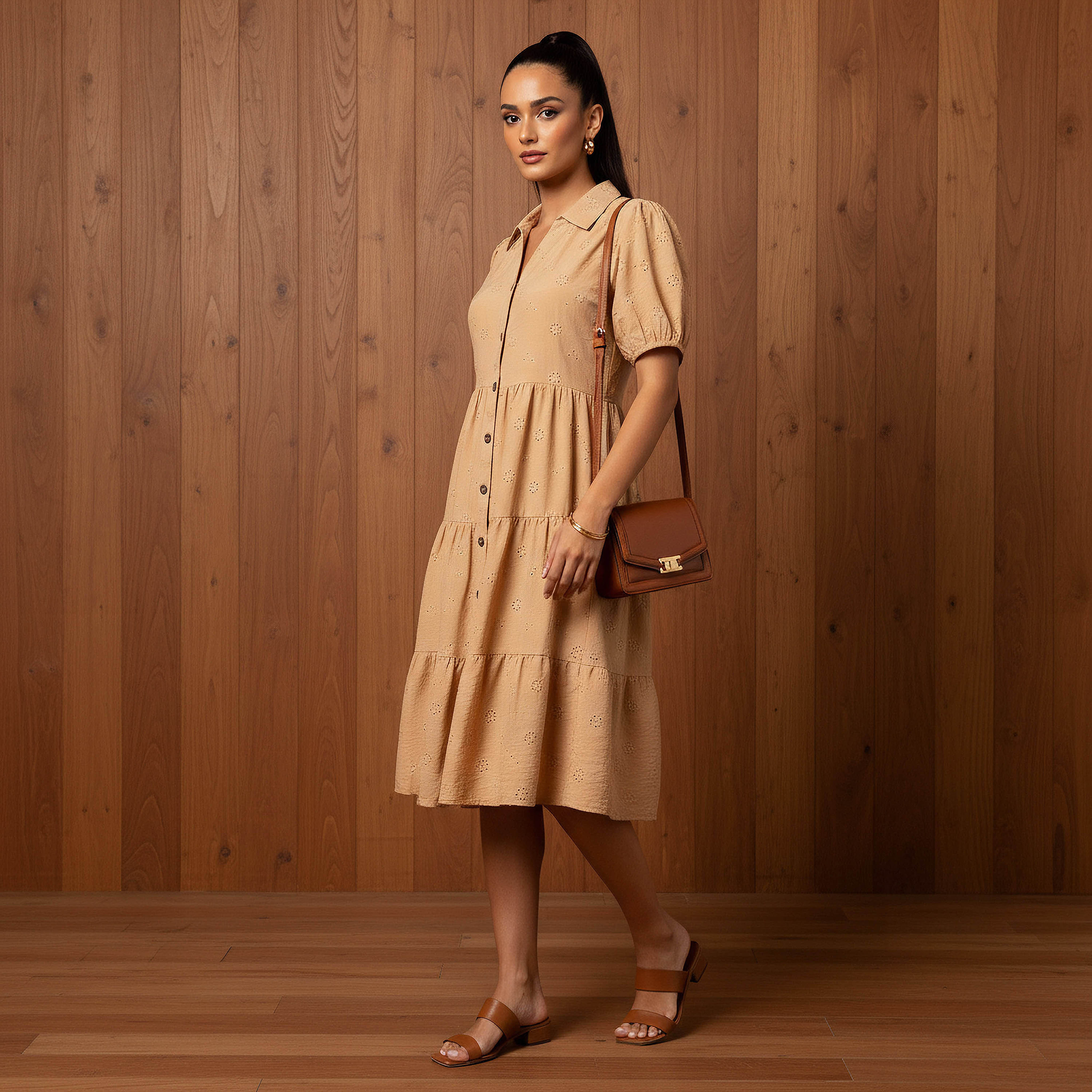Schiffli Textured Tiered Women Dress with Collar-women-clothing-dresses-image-2