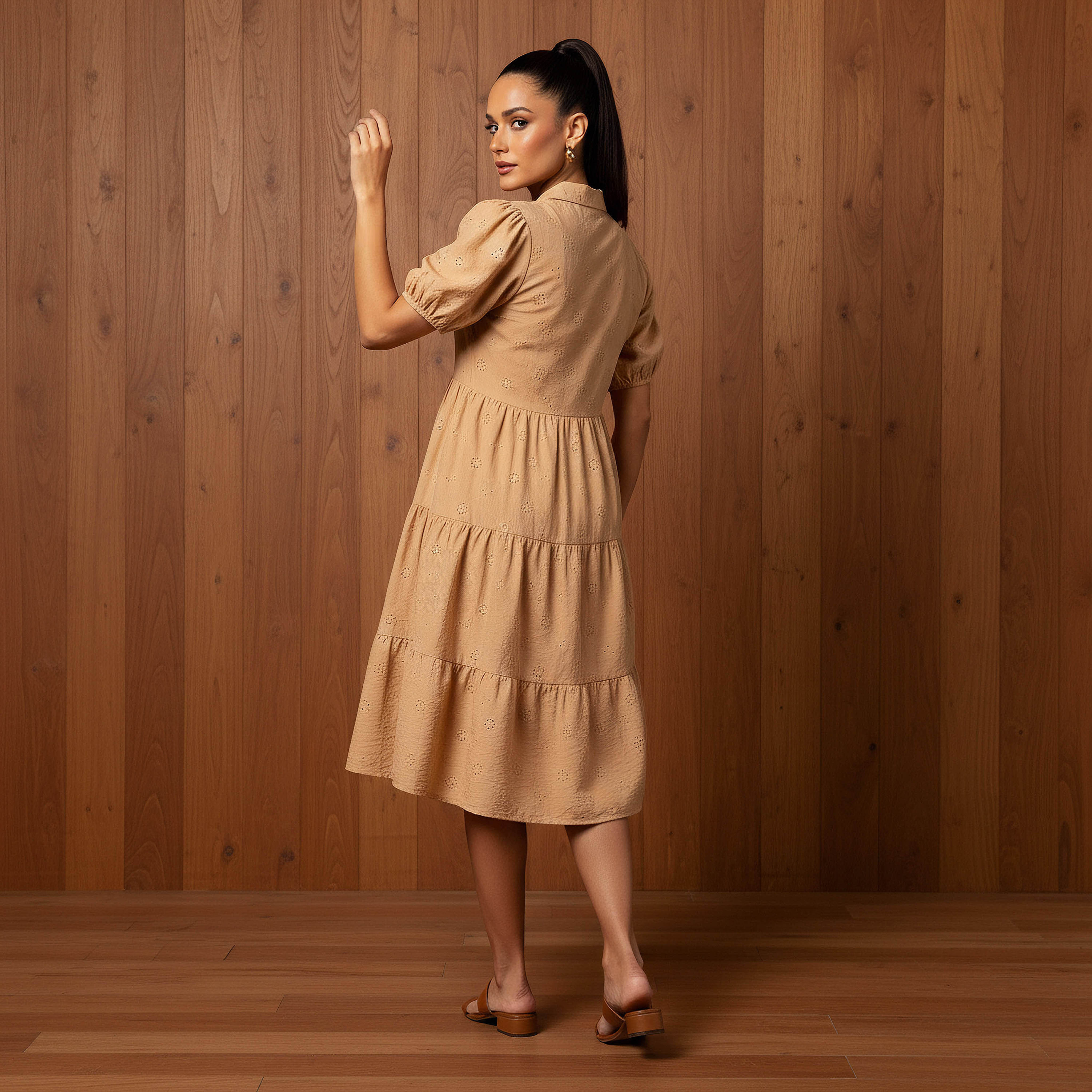 Schiffli Textured Tiered Women Dress with Collar-women-clothing-dresses-image-3