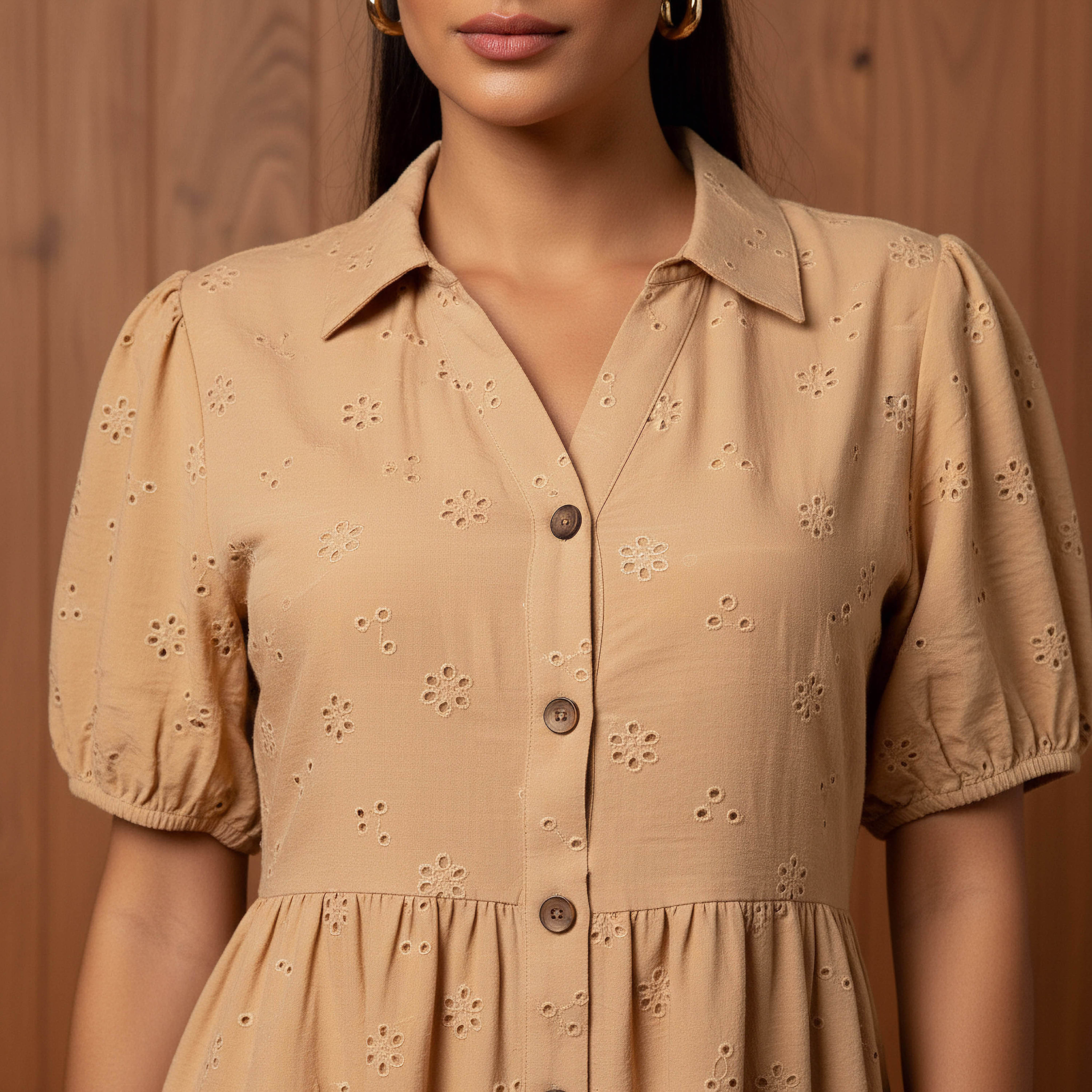Schiffli Textured Tiered Women Dress with Collar-women-clothing-dresses-image-4