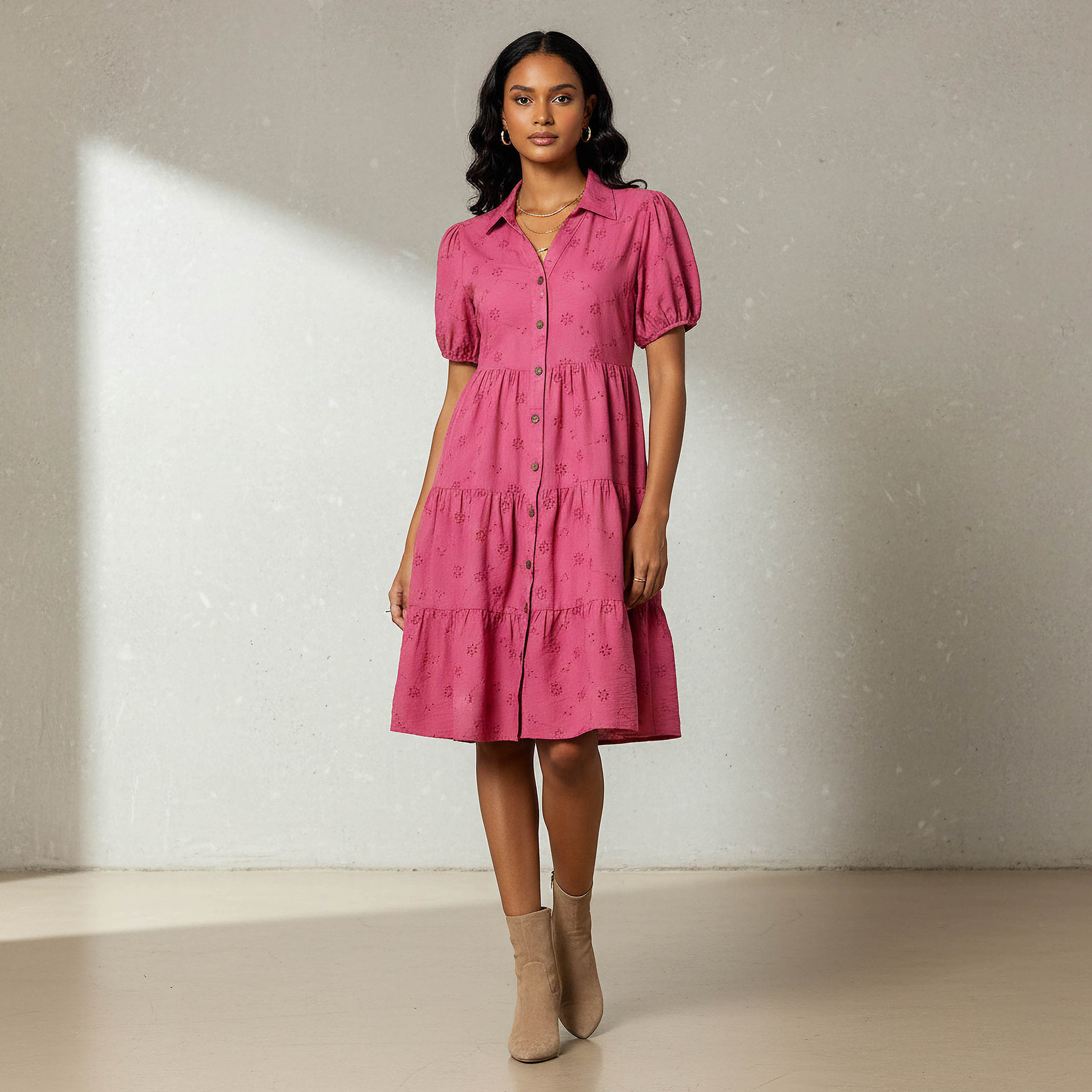 فستان شيفلي بارز الملمس بطبقات وياقة عادية للنساء-women-clothing-dresses-image-1
