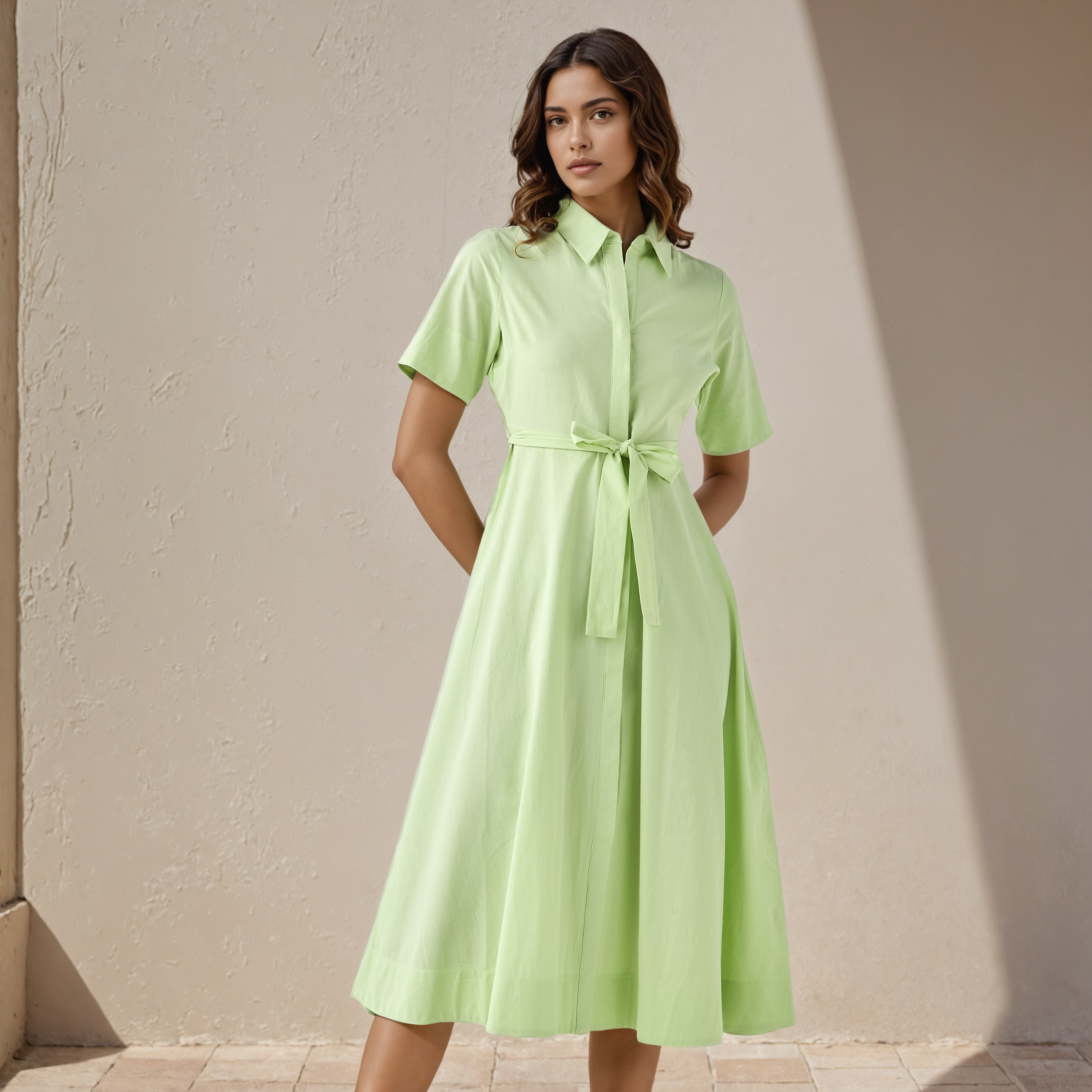 Shirt Midi Cotton Dress with Waist Tie-Up-women-clothing-dresses-image-1