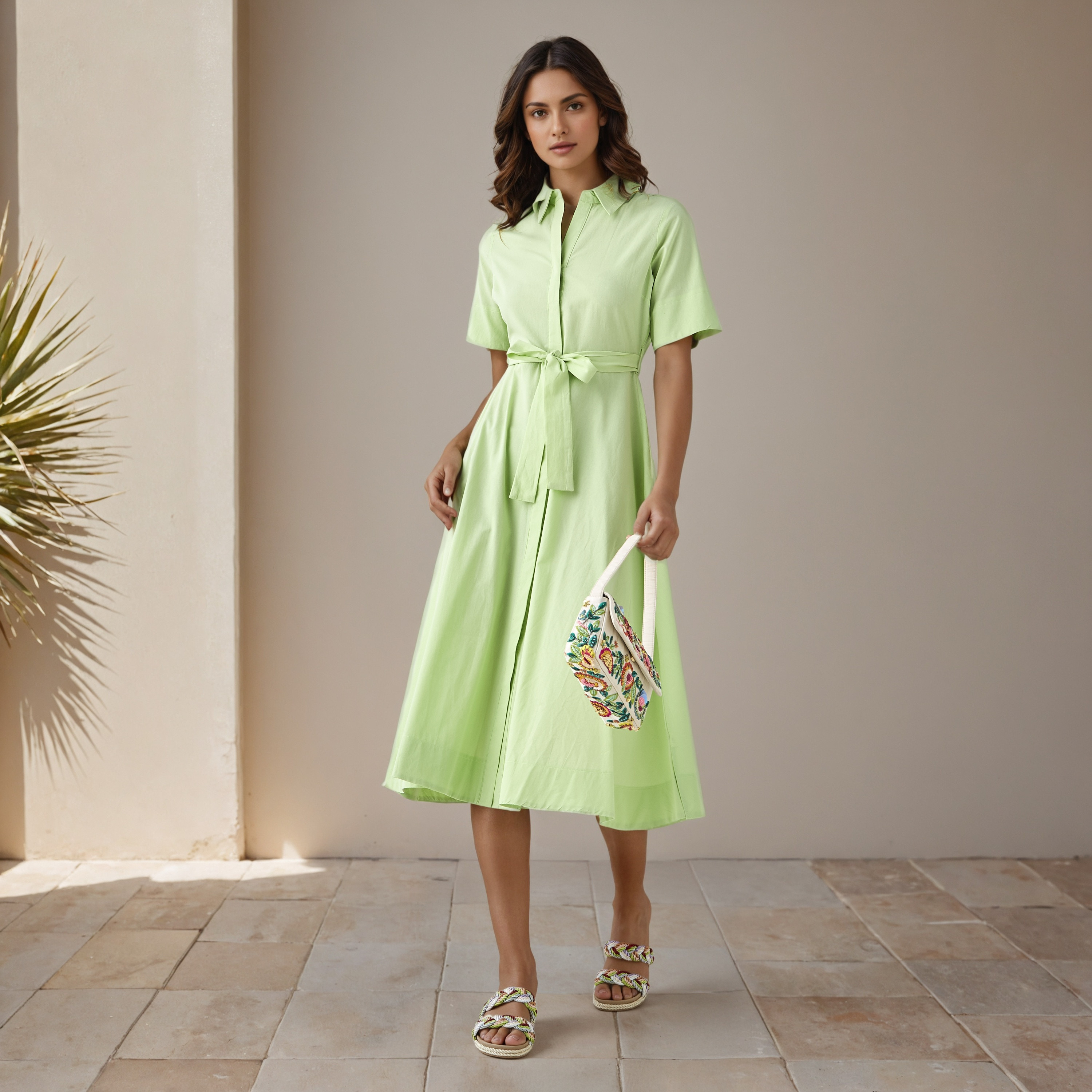 Shirt Midi Cotton Dress with Waist Tie-Up-women-clothing-dresses-image-2