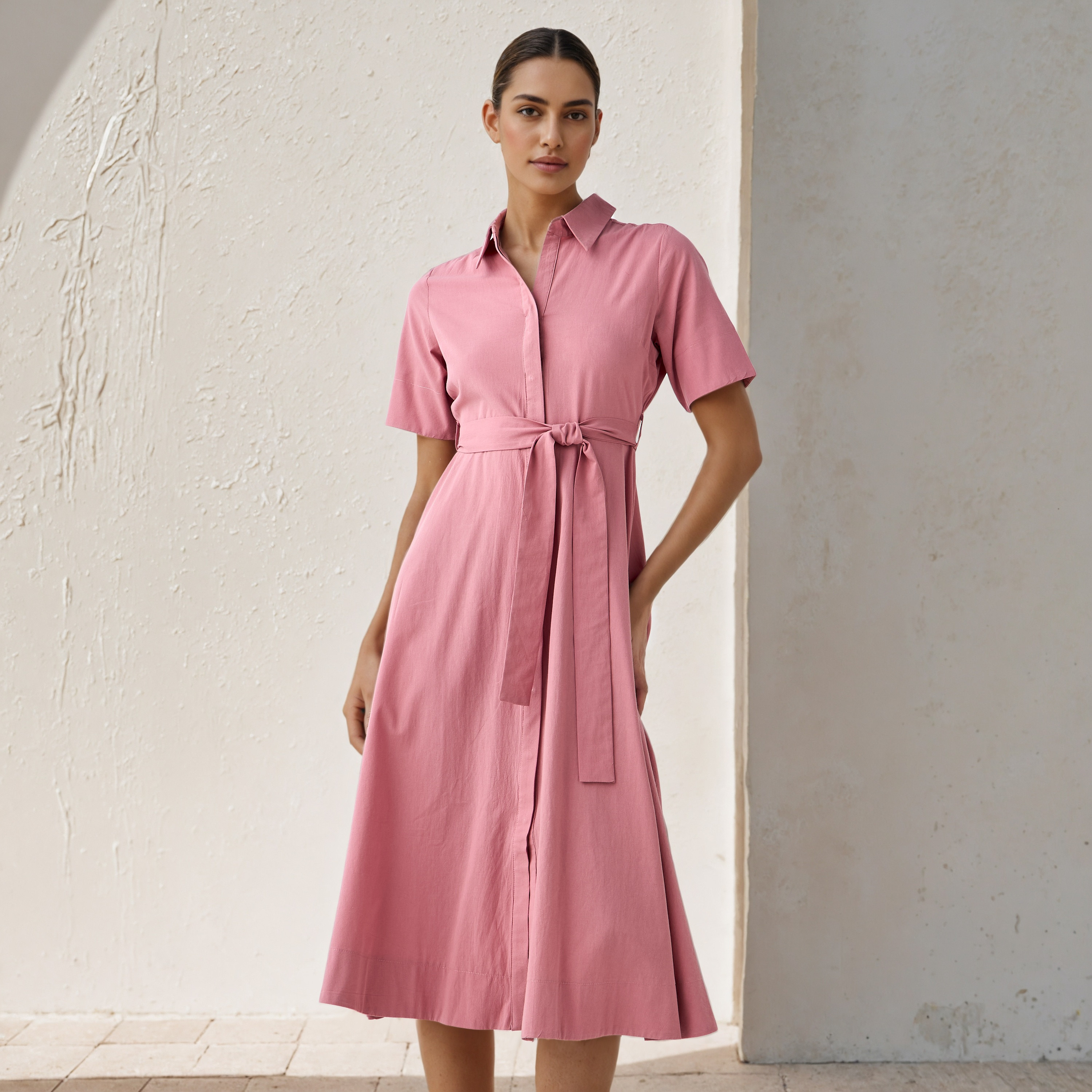 Shirt Midi Cotton Dress with Waist Tie-Up-women-clothing-dresses-image-1