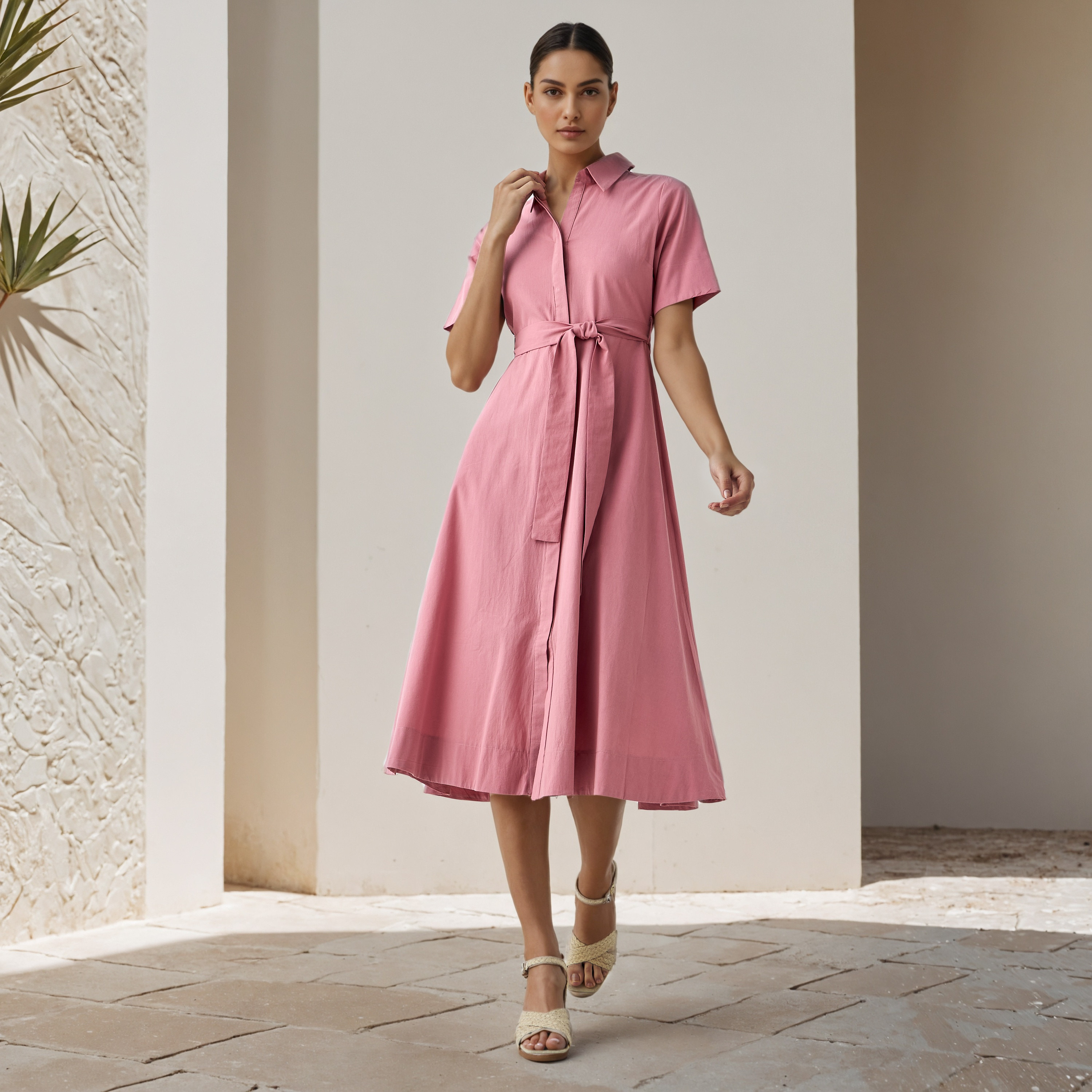 Shirt Midi Cotton Dress with Waist Tie-Up-women-clothing-dresses-image-2