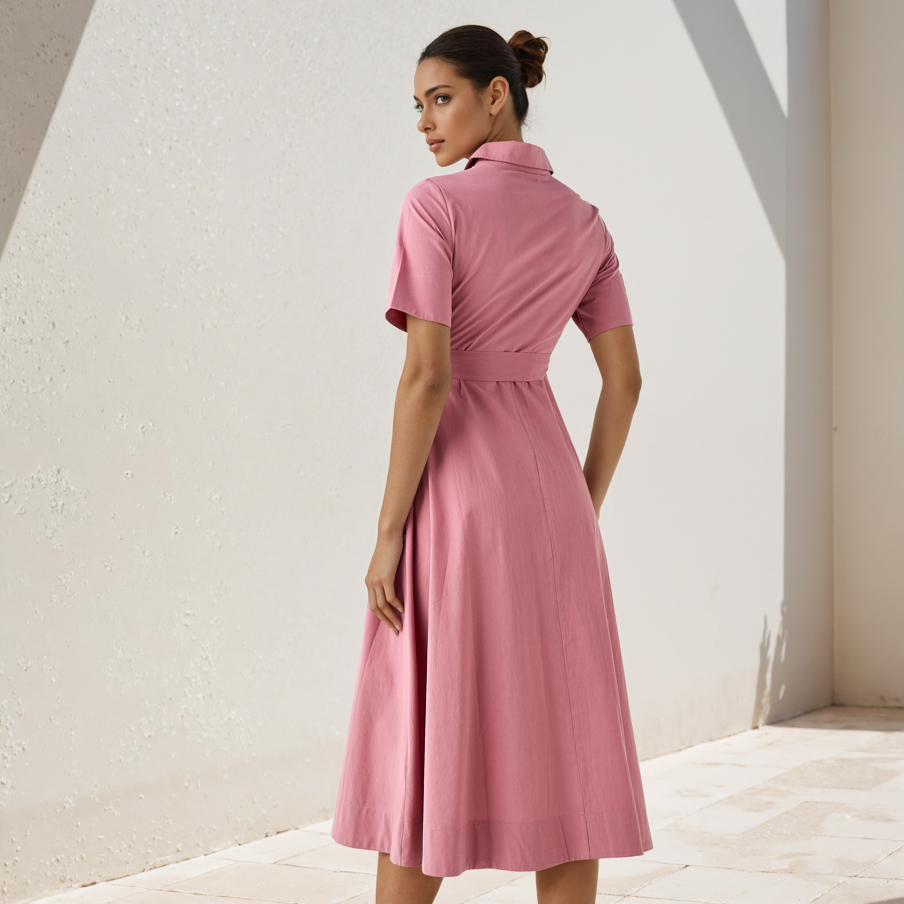 Shirt Midi Cotton Dress with Waist Tie-Up-women-clothing-dresses-image-3