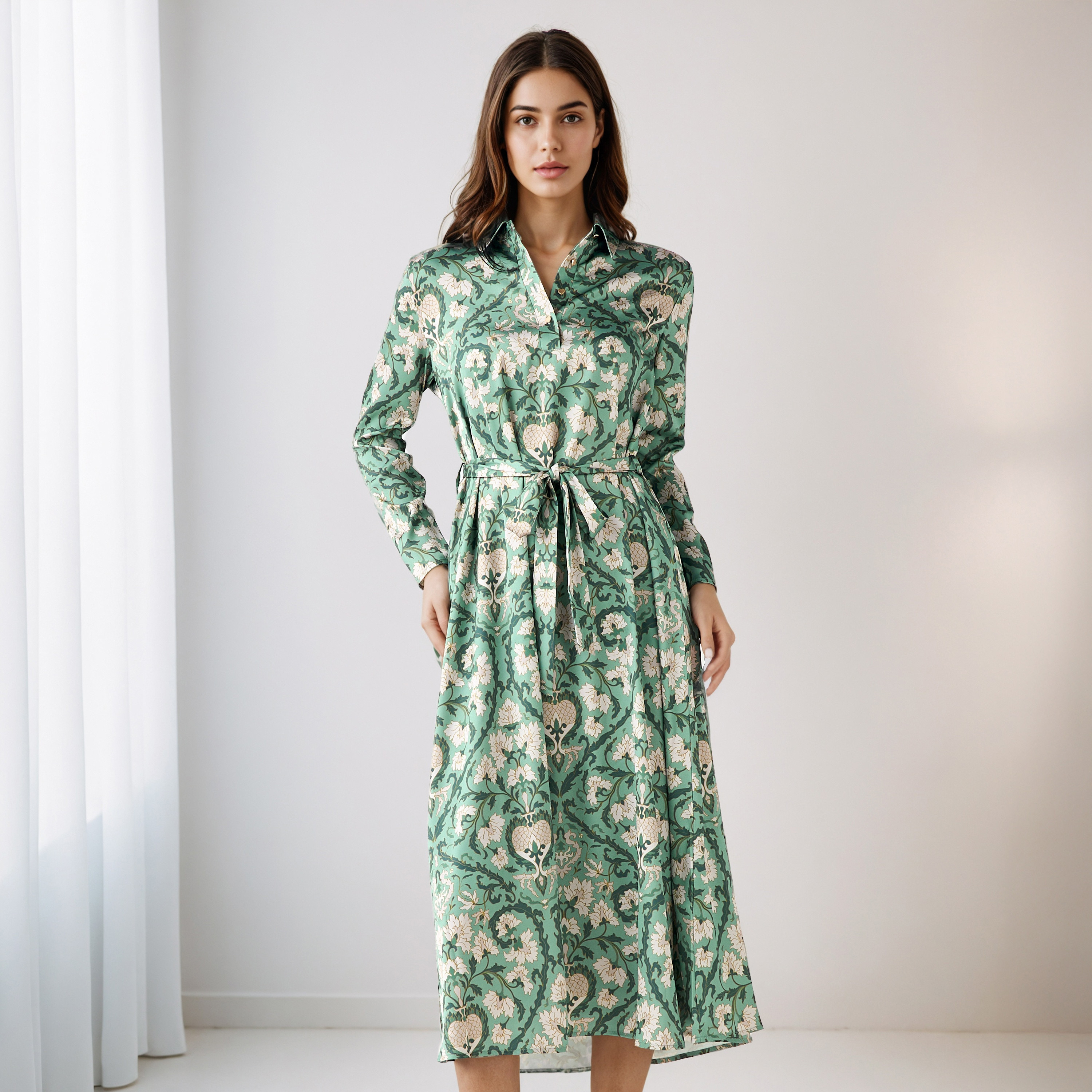 Floral Print Shirt Dress with Tie-Up Detail-women-clothing-dresses-image-2