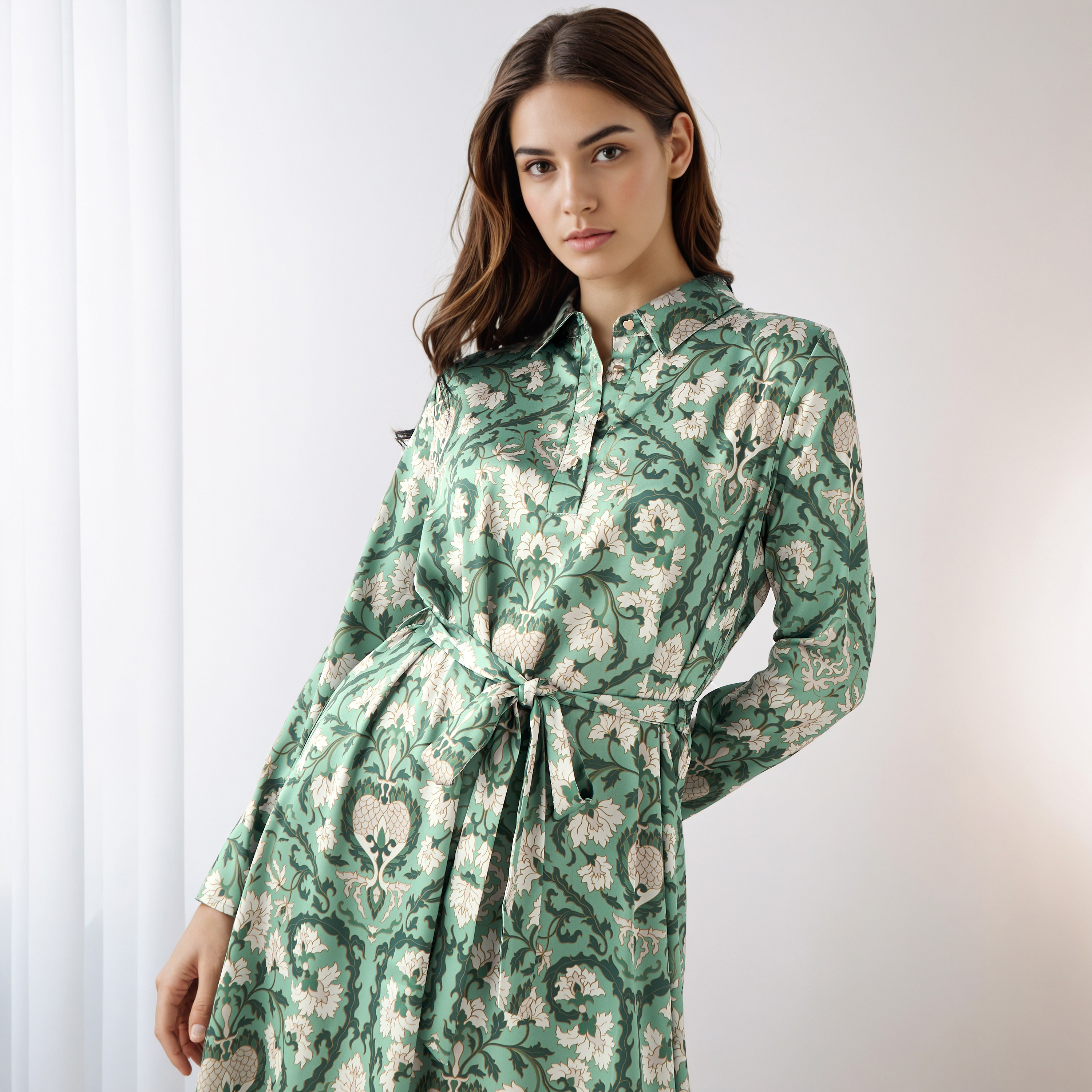 Floral Print Shirt Dress with Tie-Up Detail-women-clothing-dresses-image-4