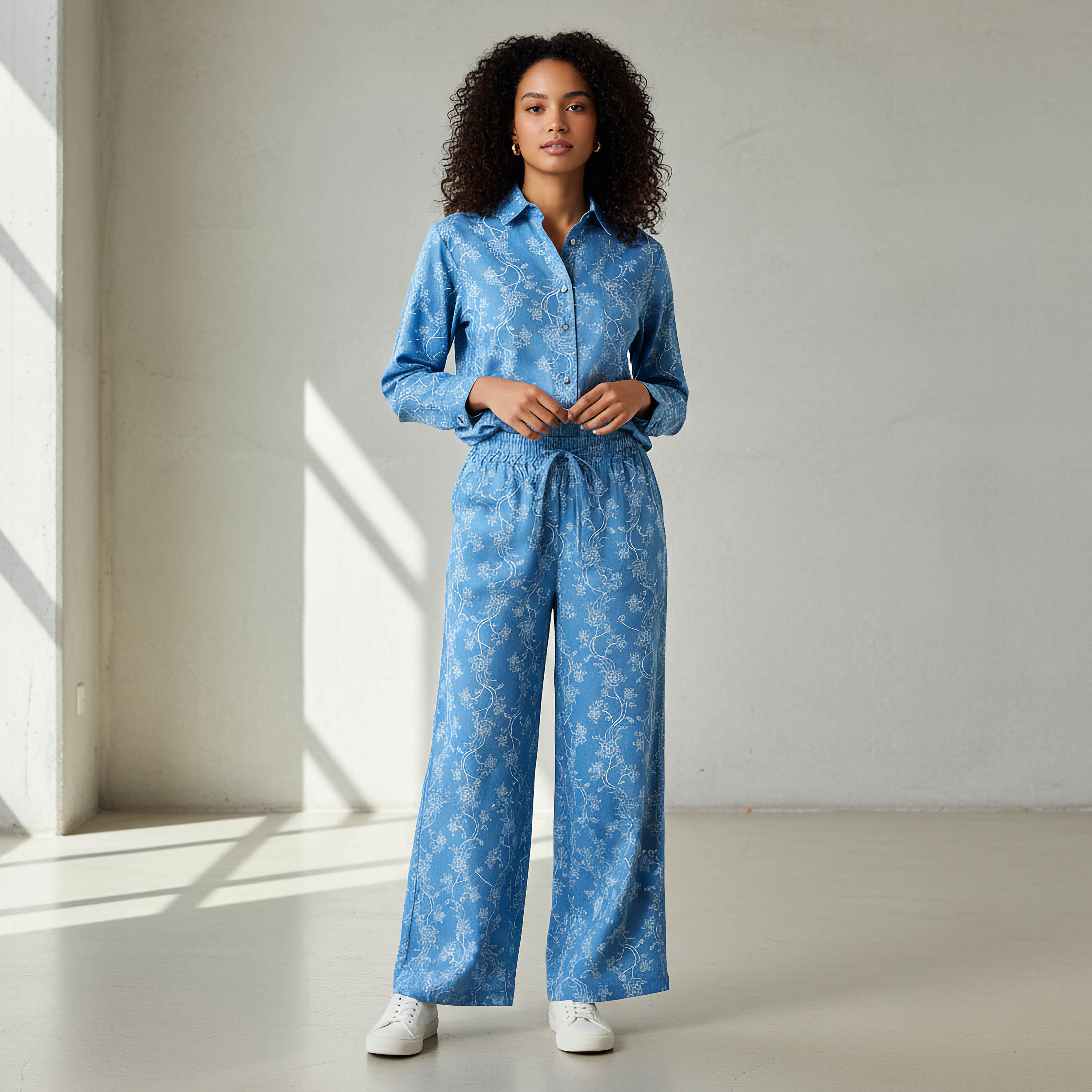 طقم دينيم منسق من قميص وبنطلون بأرجل واسعة-women-clothing-coordsets-image-1