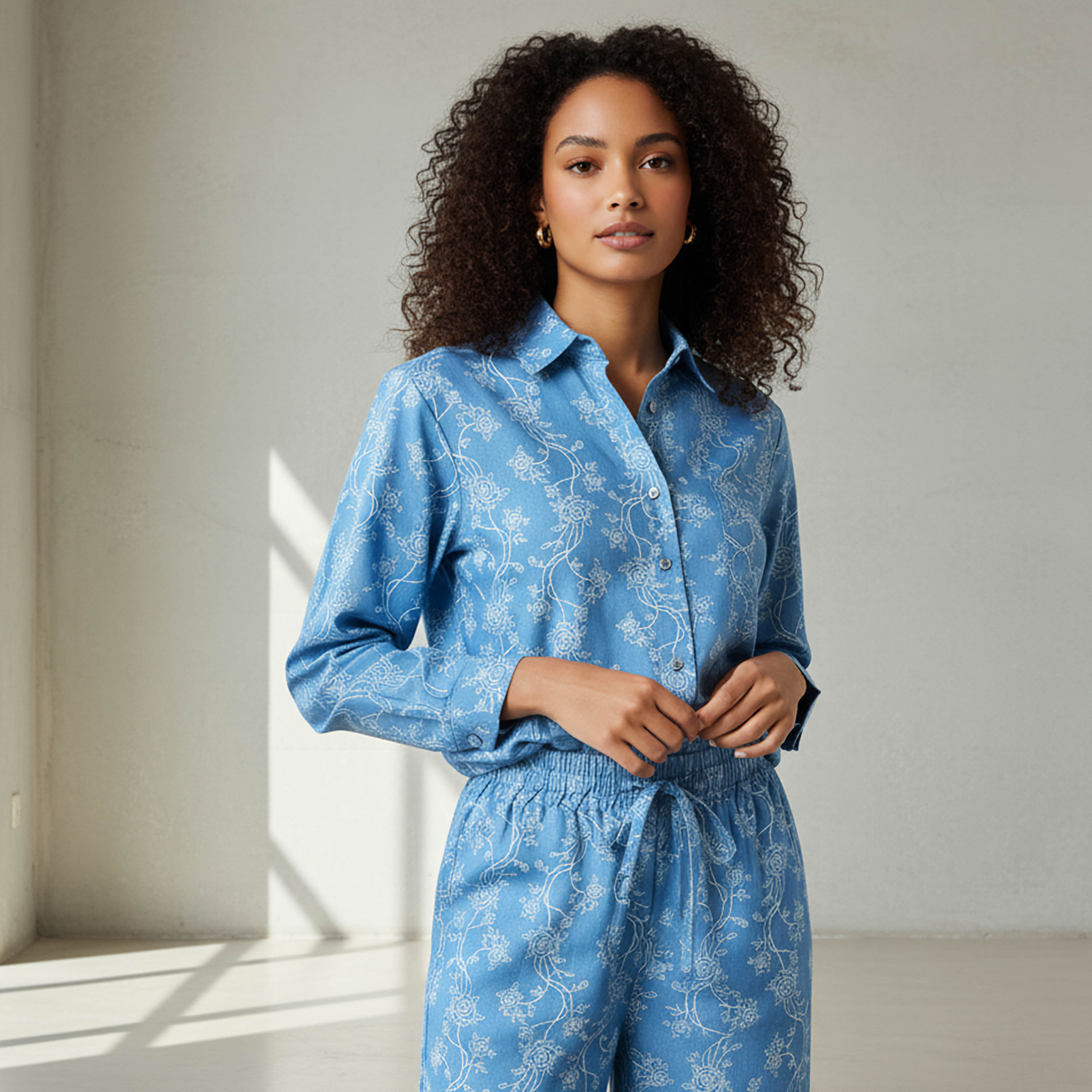 طقم دينيم منسق من قميص وبنطلون بأرجل واسعة-women-clothing-coordsets-image-2