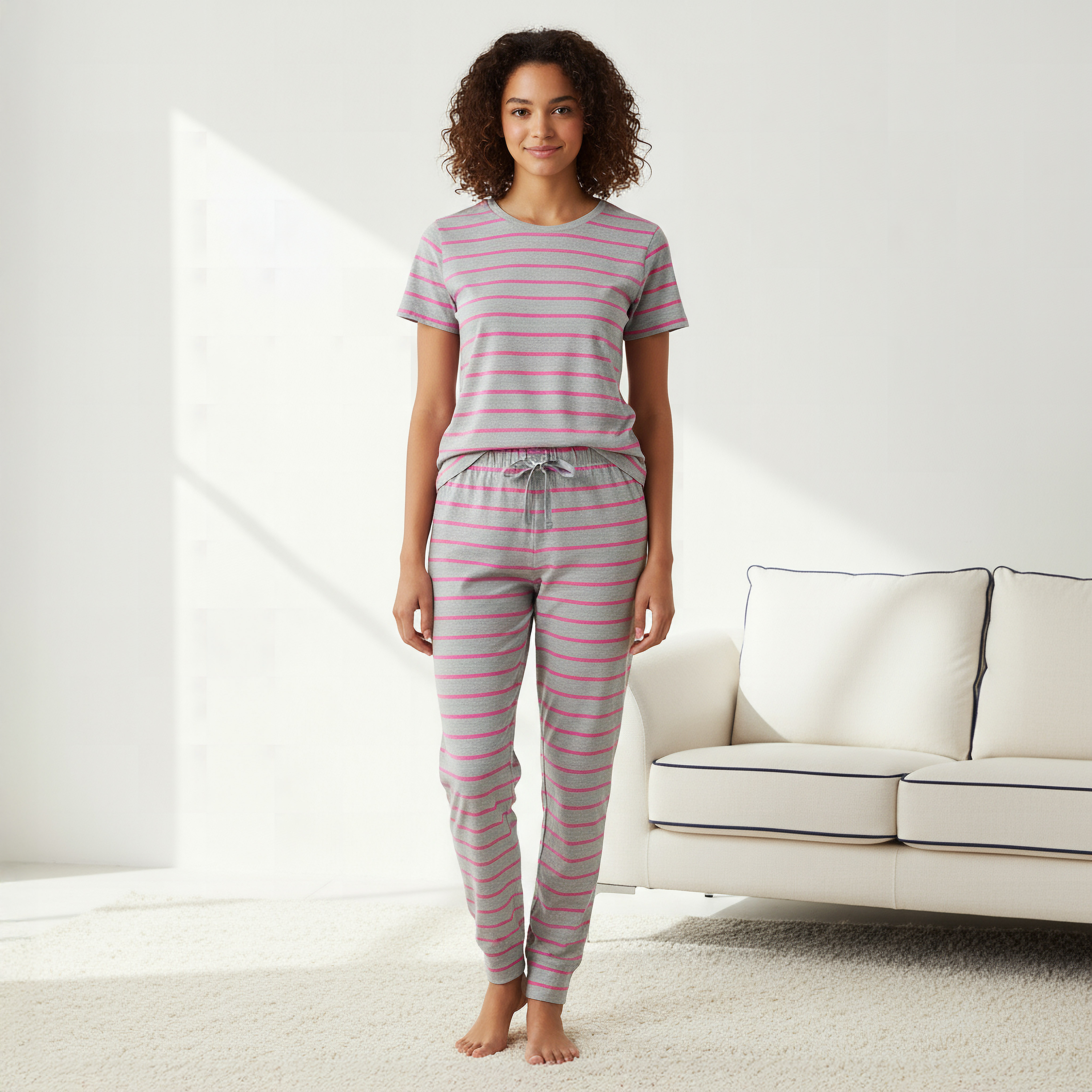 Pyjama Set Striped T-shirt & Trousers-women-clothing-nightwear-pyjamas-longsets-image-1