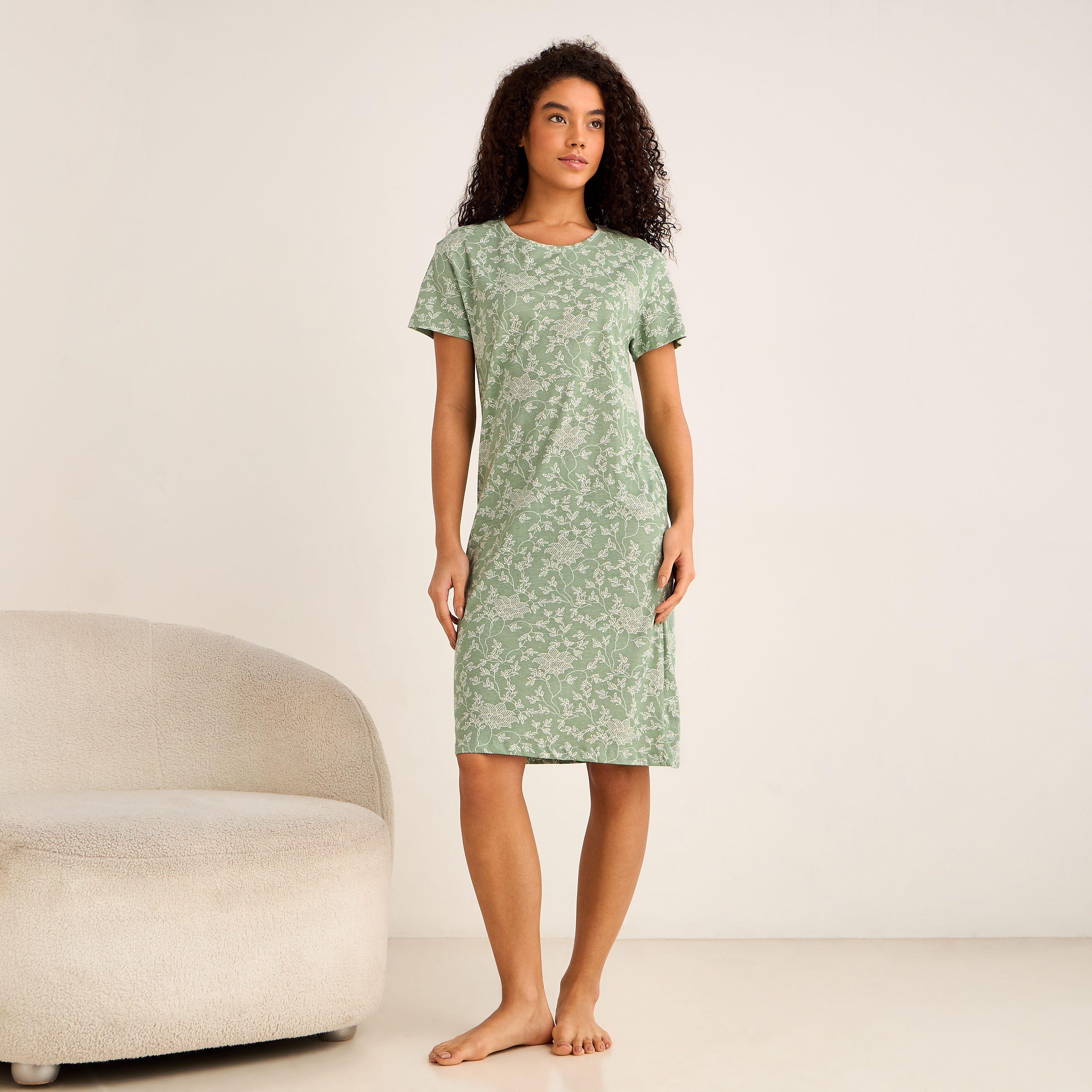 Floral Print Sleepshirt with Short Sleeves-women-clothing-nightwear-nighties-image-2