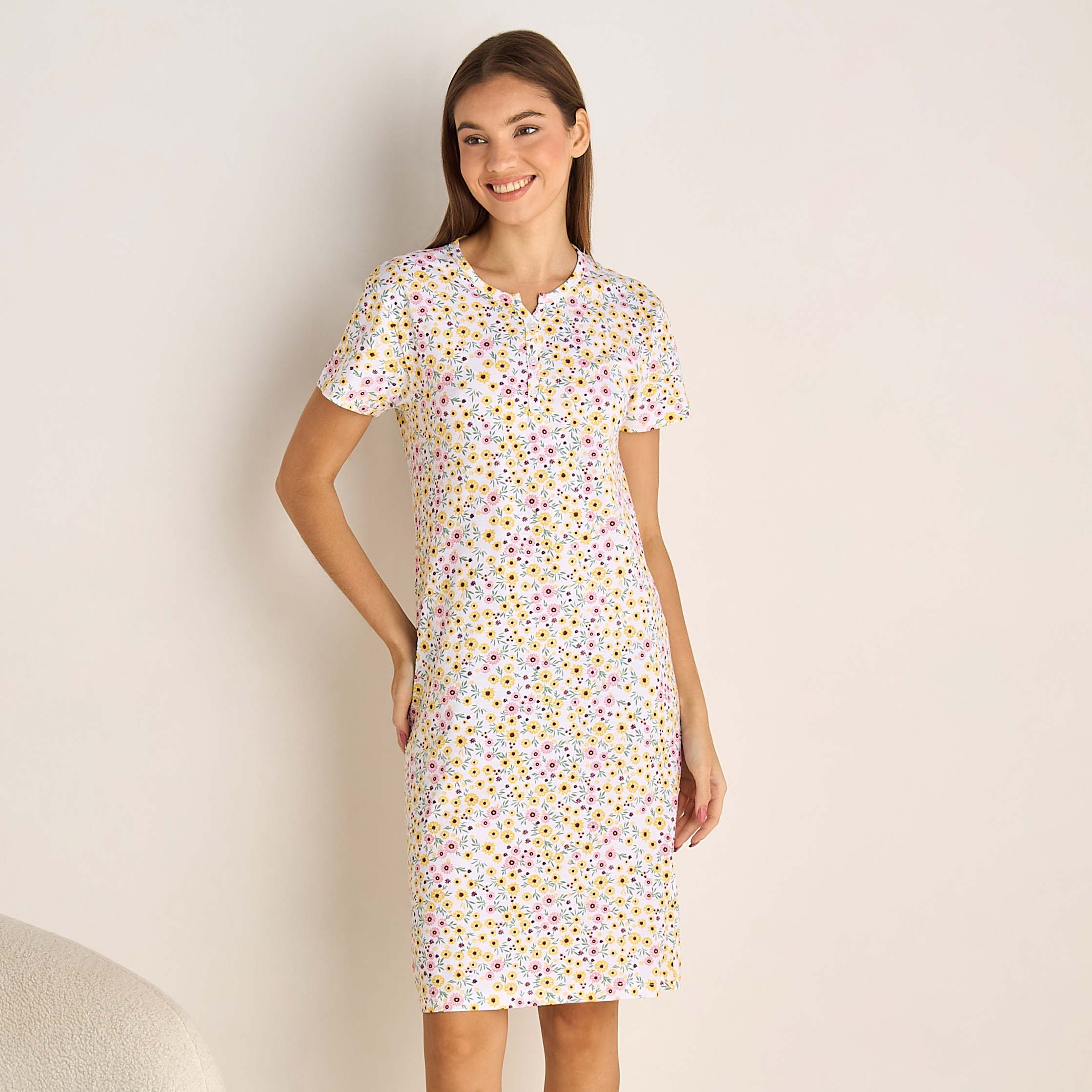 Printed Sleepshirt with Short Sleeves-women-clothing-nightwear-nighties-image-1
