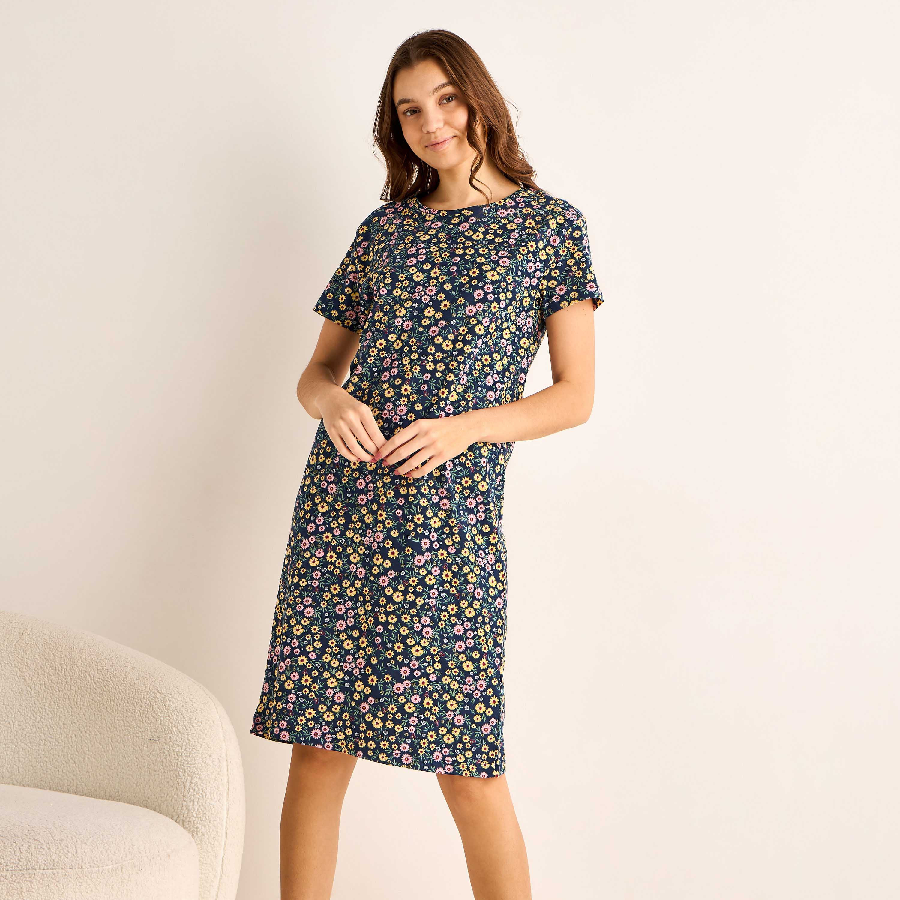 Floral Print Sleepshirt with Short Sleeves-women-clothing-nightwear-nighties-image-1