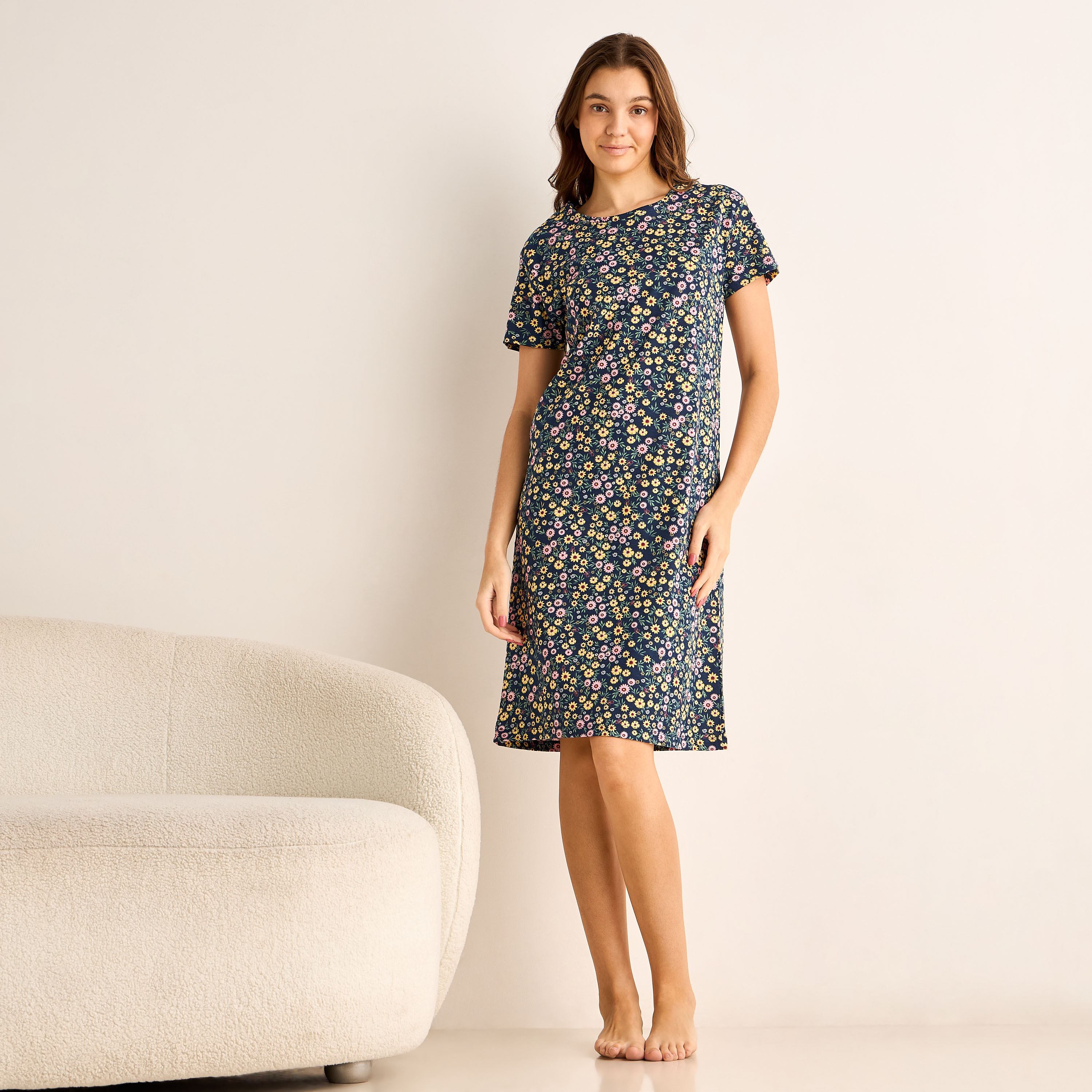 Floral Print Sleepshirt with Short Sleeves-women-clothing-nightwear-nighties-image-2