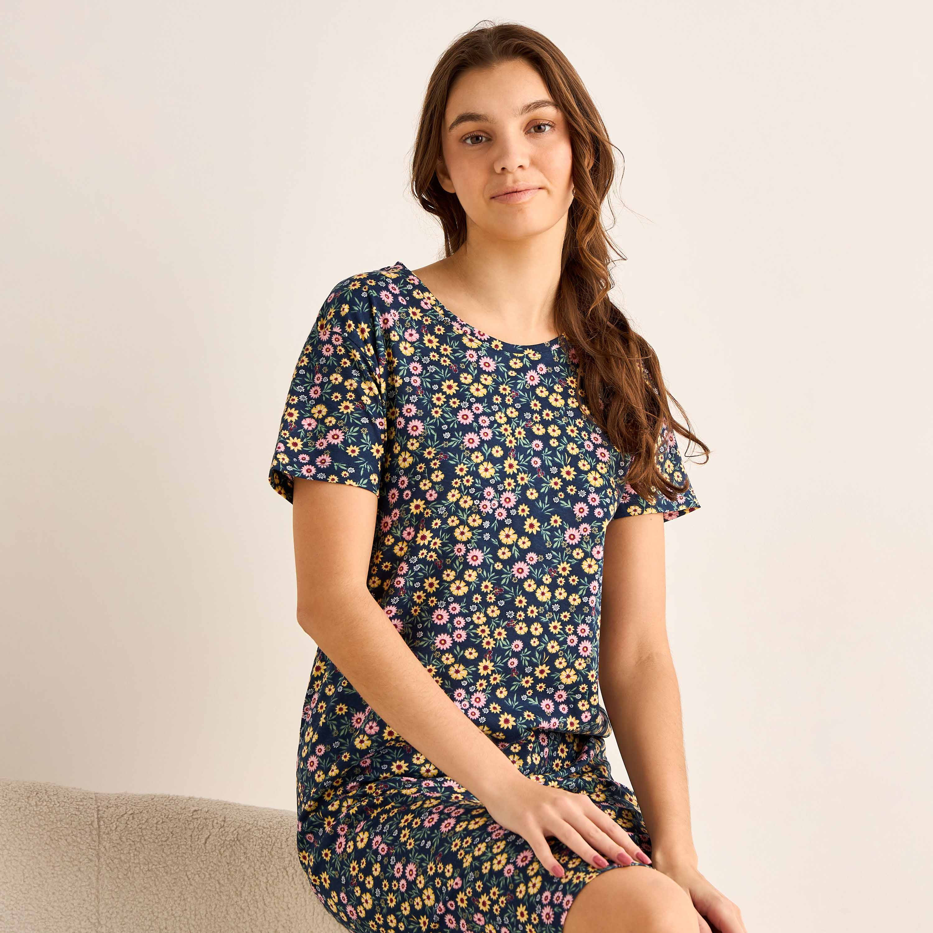 Floral Print Sleepshirt with Short Sleeves-women-clothing-nightwear-nighties-image-5