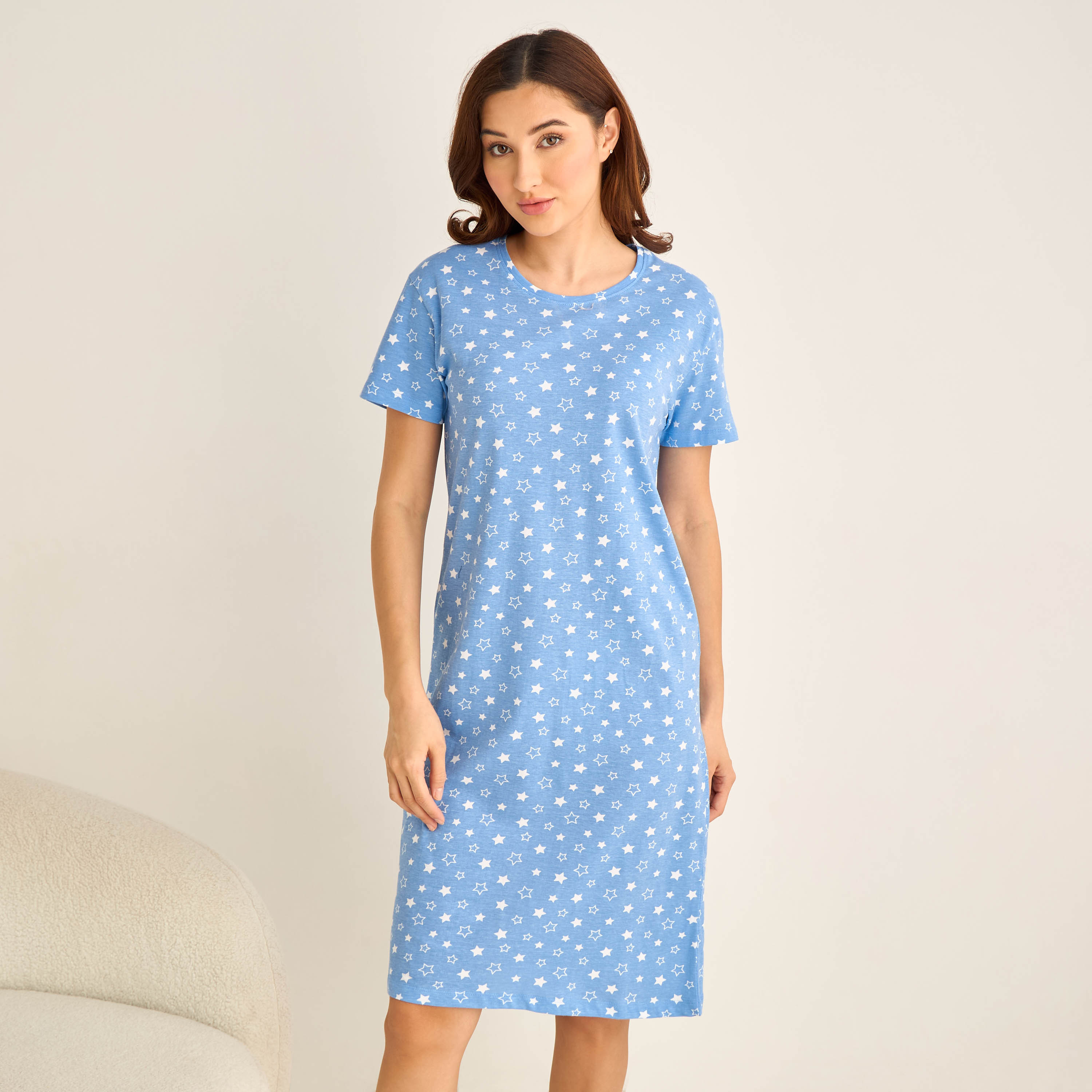 Printed Sleepshirt with Short Sleeves-women-clothing-nightwear-nighties-image-1
