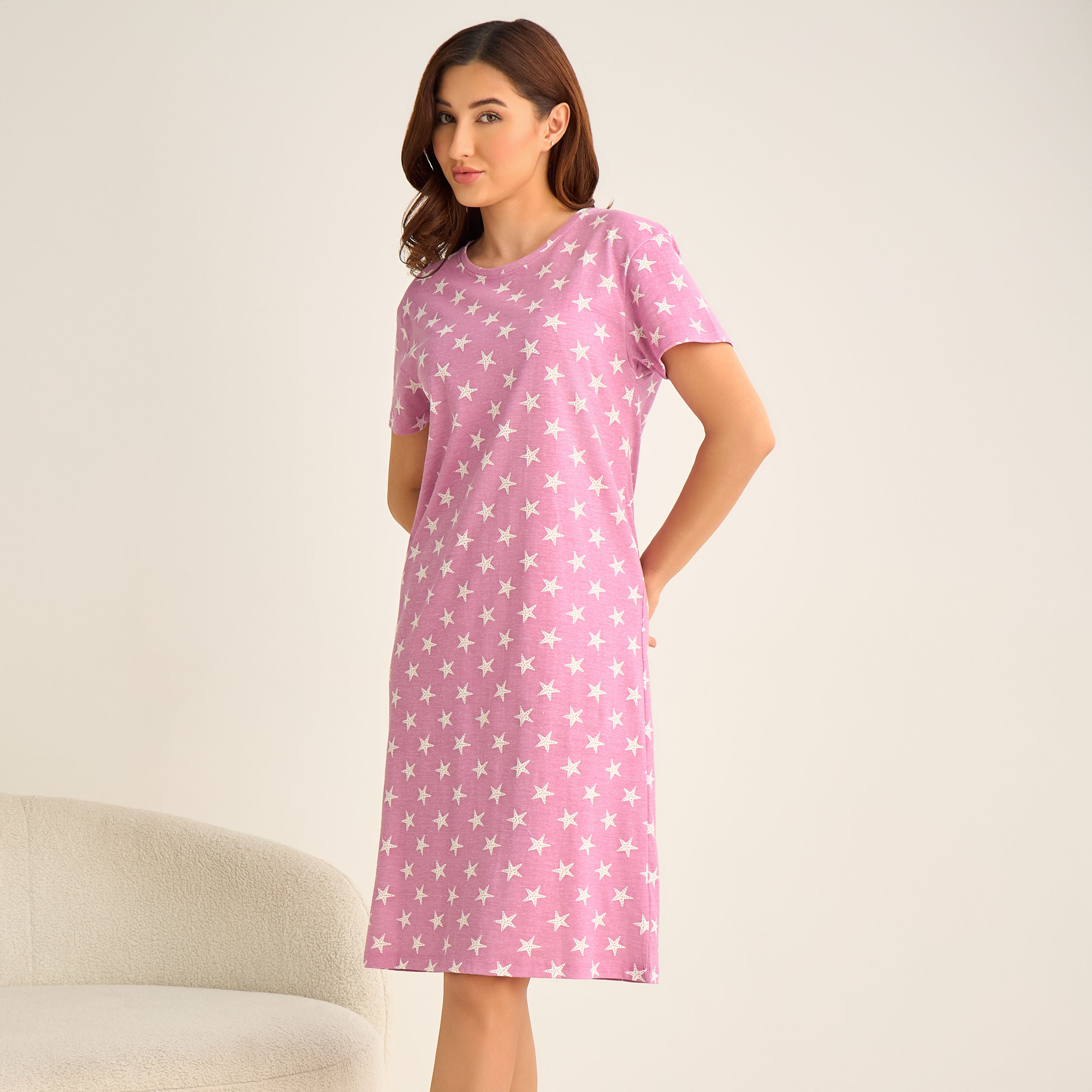 Printed Sleepshirt with Short Sleeves-women-clothing-nightwear-nighties-image-1