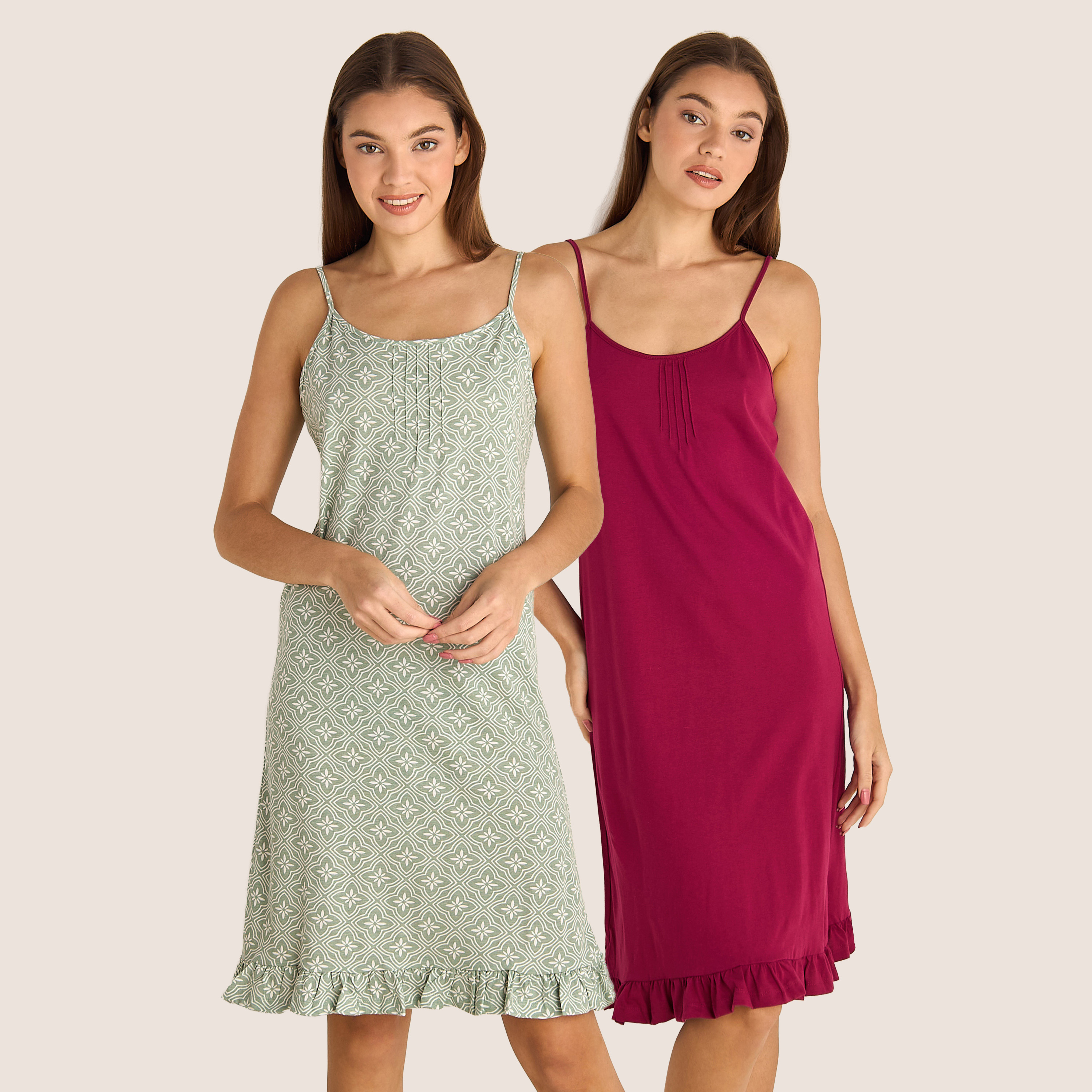فستان نوم ميدي قطن بحمالات رفيعة وحافة كشكش – طقم قطعتين-women-clothing-nightwear-nighties-image-1