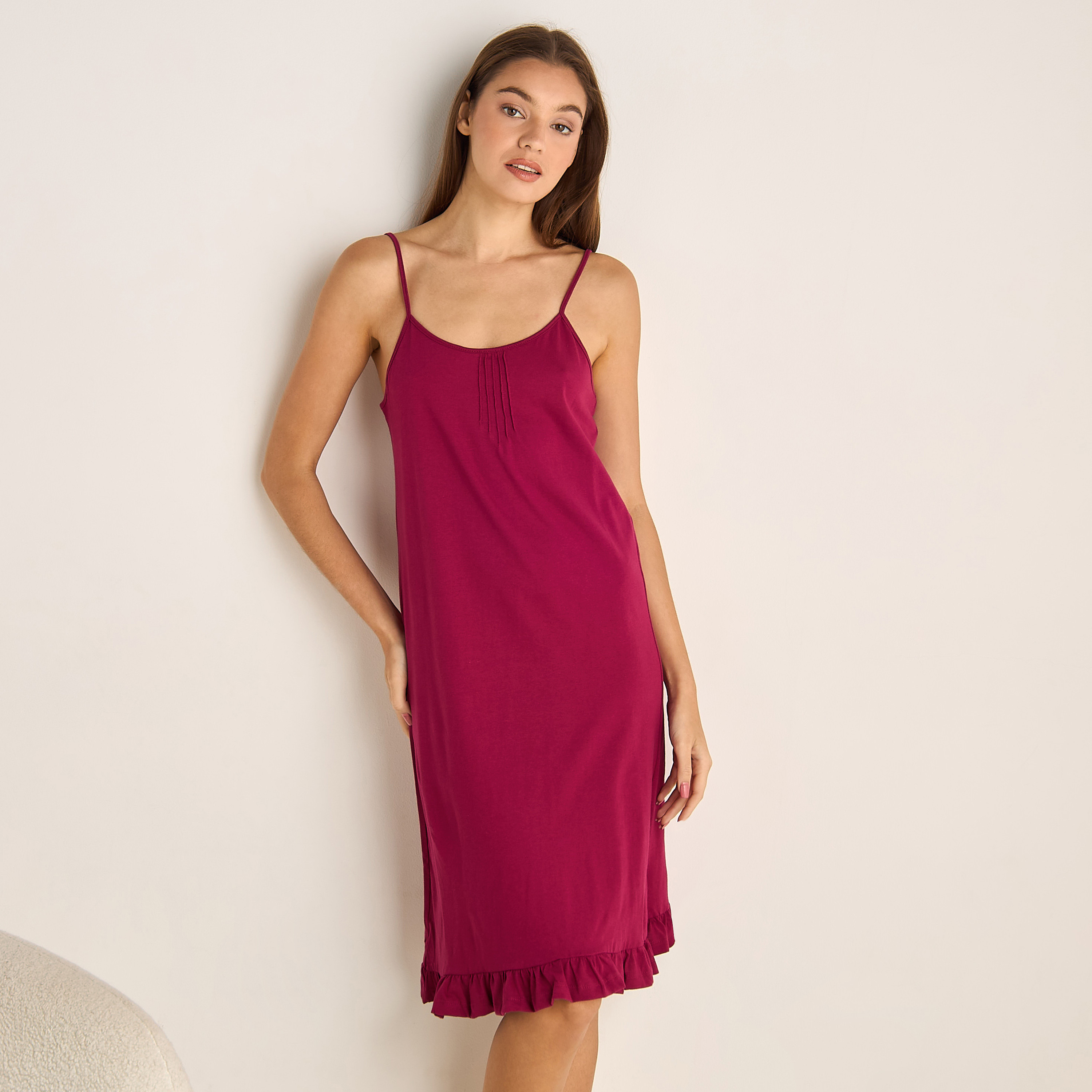 فستان نوم ميدي قطن بحمالات رفيعة وحافة كشكش – طقم قطعتين-women-clothing-nightwear-nighties-image-6