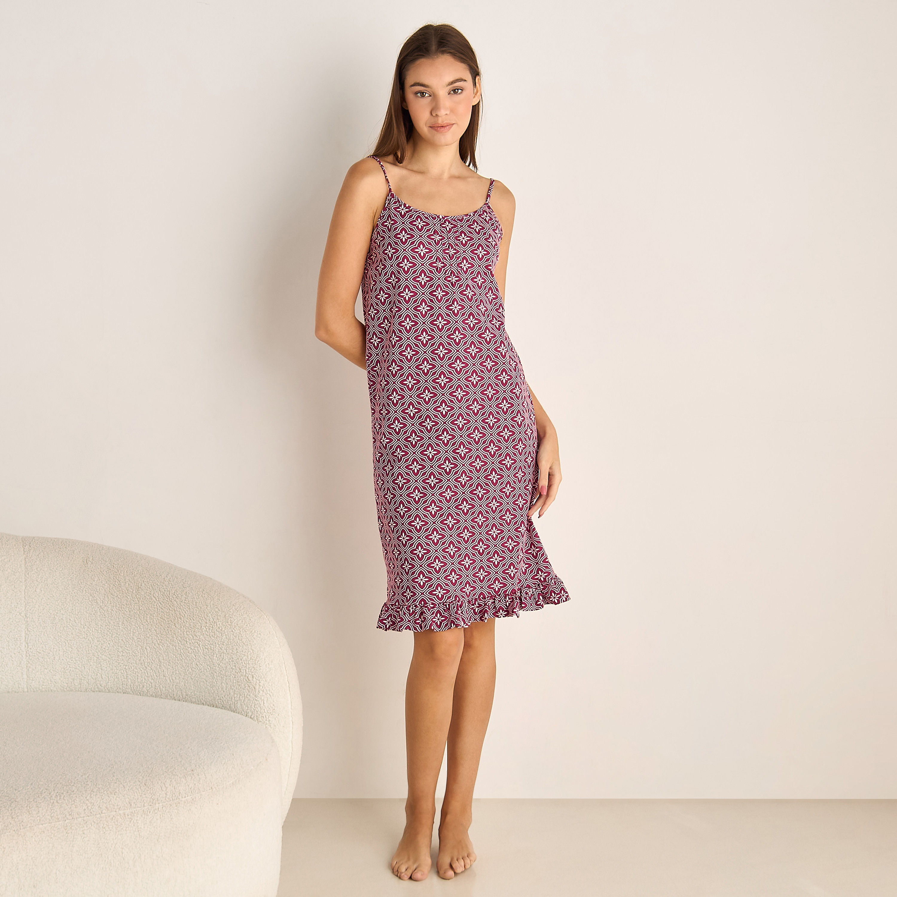 Set of 2 - Midi Slip Dress Strappy Ruffled Hem Cotton-women-clothing-nightwear-nighties-image-2