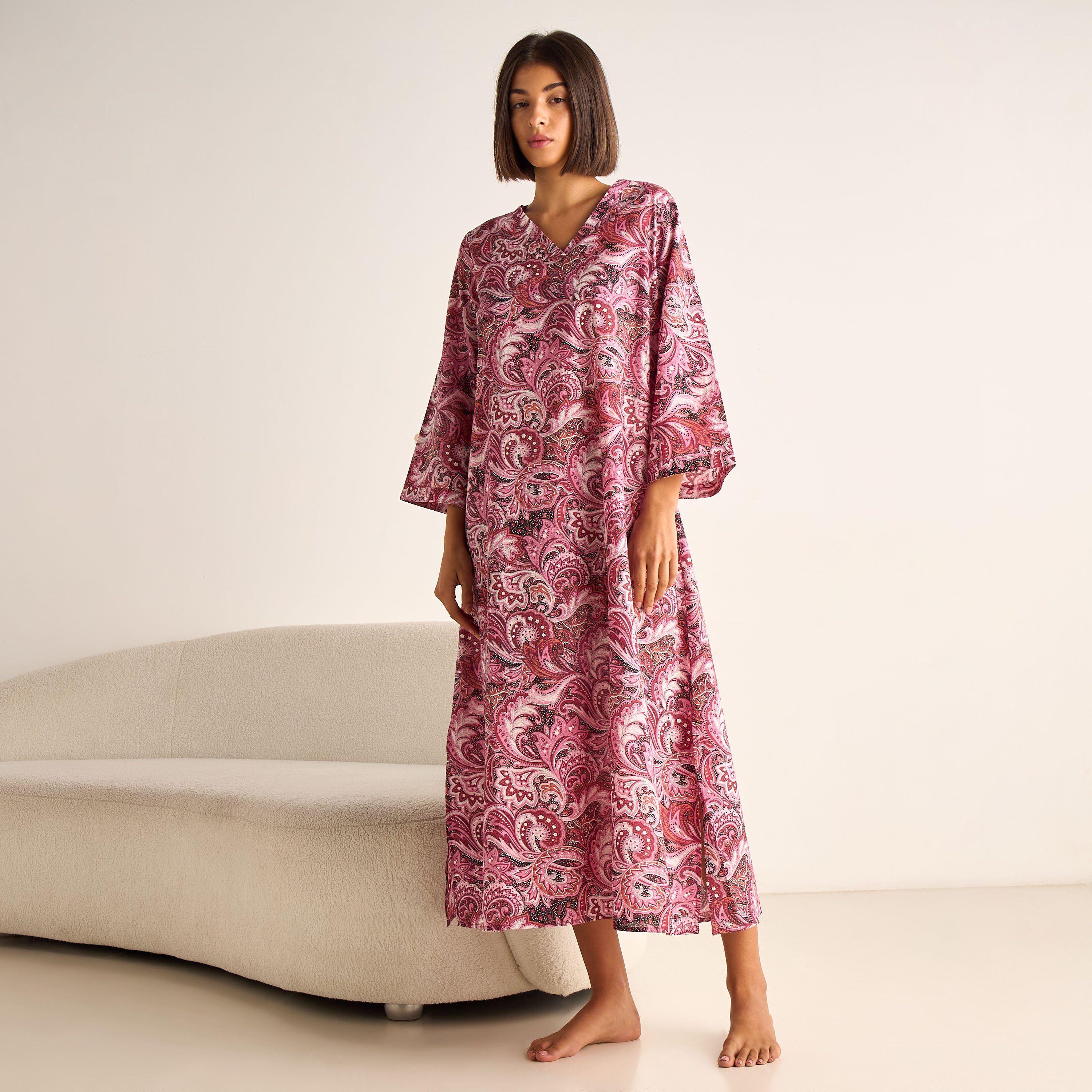 فستان نوم قطن بأكمام طويلة وطبعات-women-clothing-nightwear-nighties-image-1