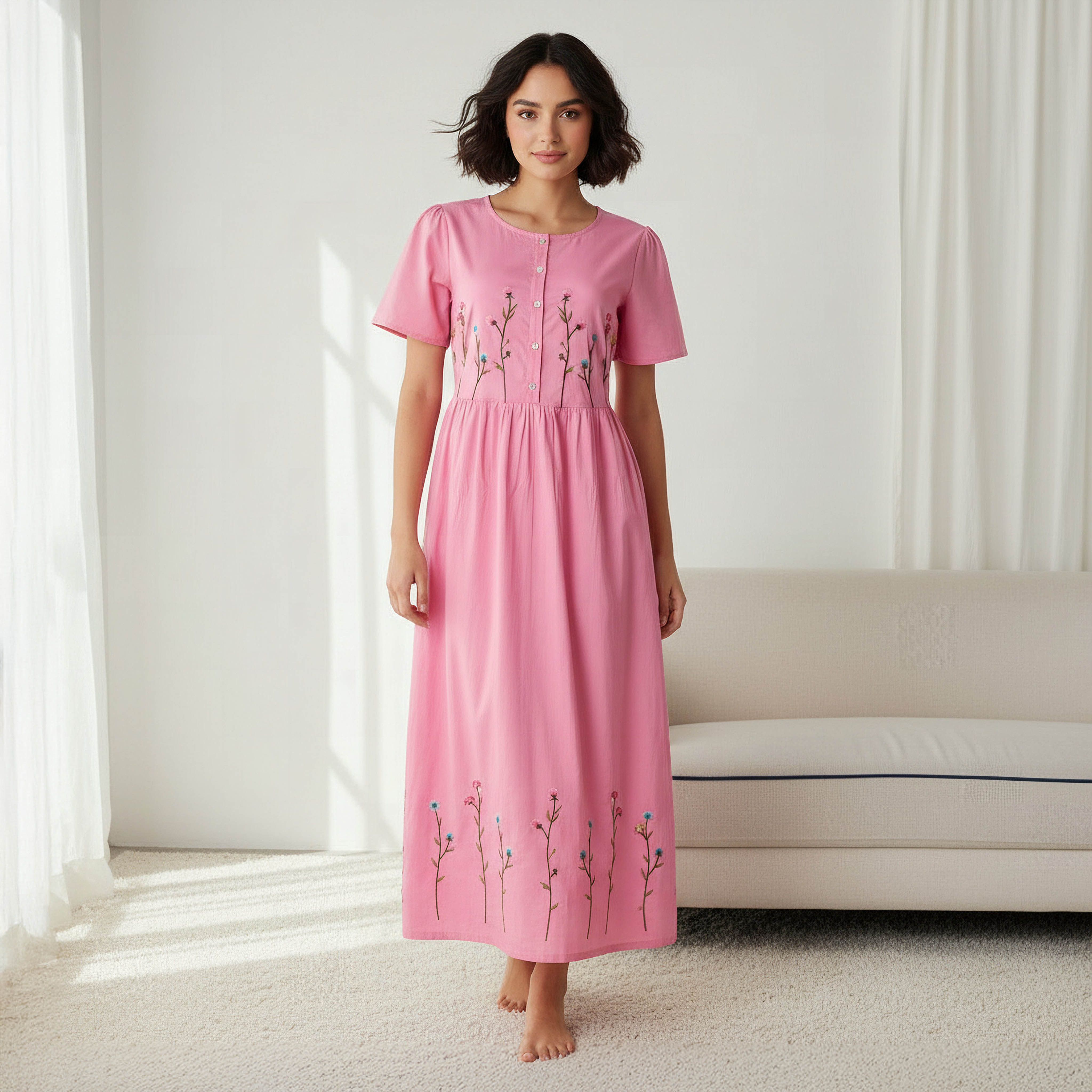 Night Dress Short Sleeves with Floral Embroidery Cotton-women-clothing-nightwear-nighties-image-1
