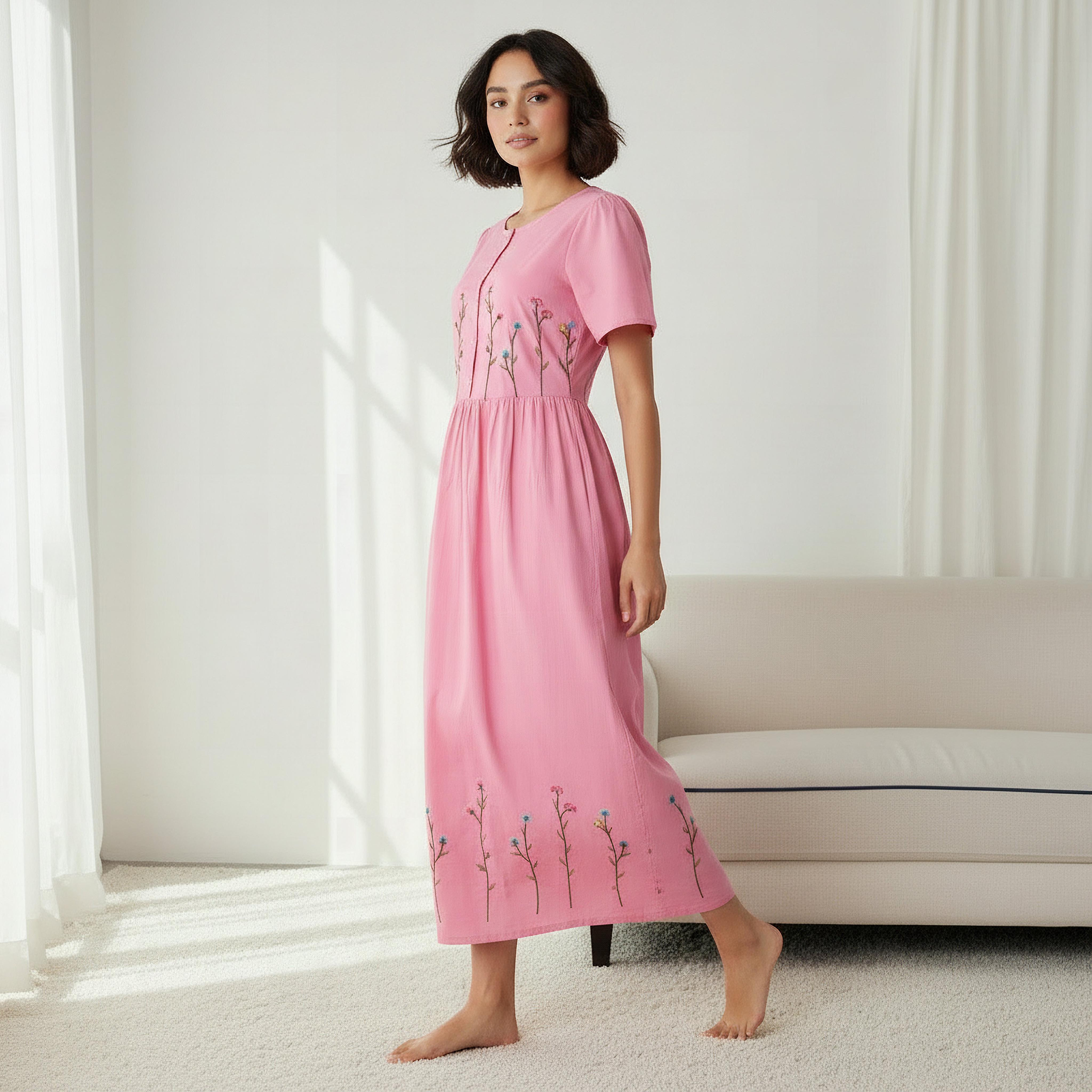 Night Dress Short Sleeves with Floral Embroidery Cotton-women-clothing-nightwear-nighties-image-2