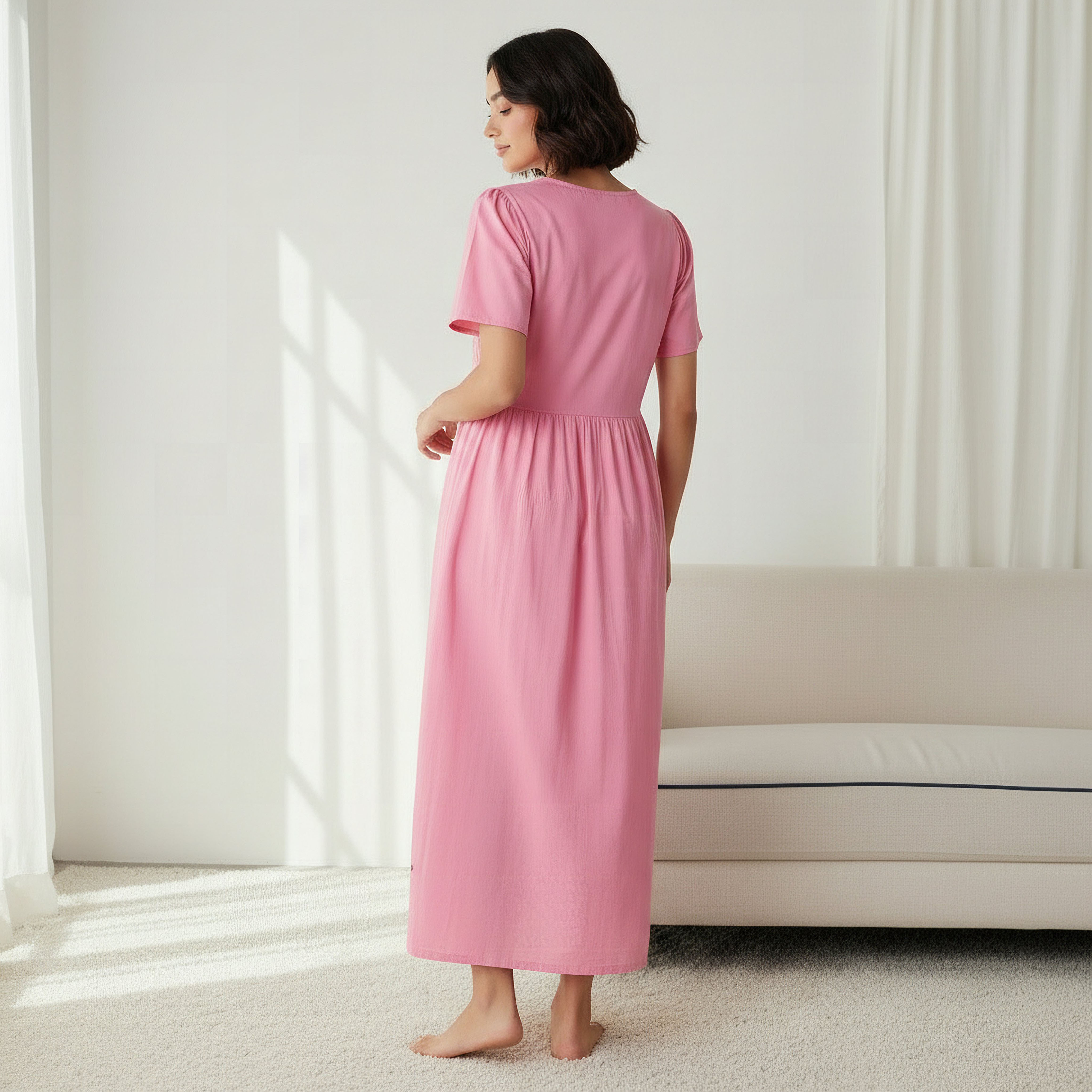 Night Dress Short Sleeves with Floral Embroidery Cotton-women-clothing-nightwear-nighties-image-3