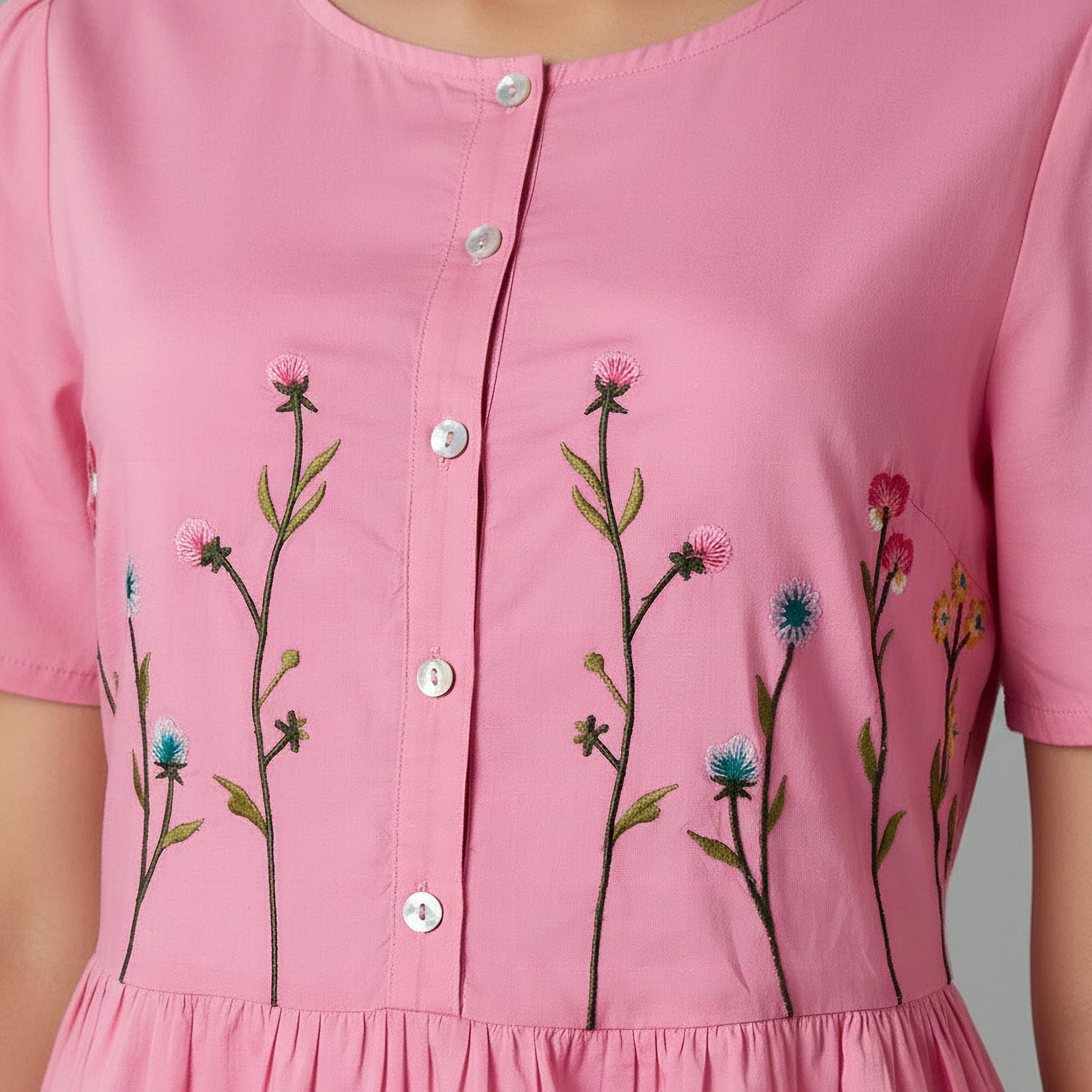 Night Dress Short Sleeves with Floral Embroidery Cotton-women-clothing-nightwear-nighties-image-4