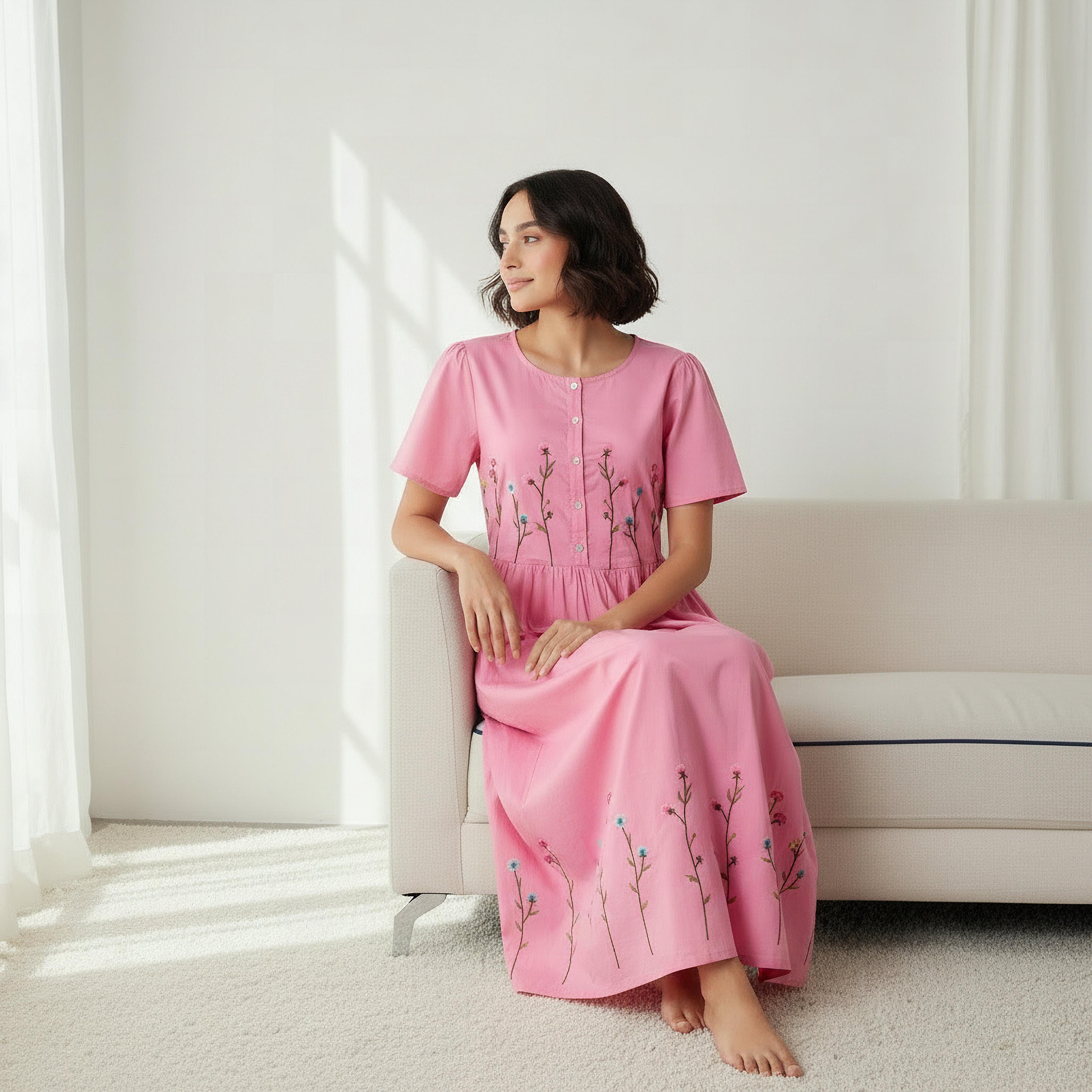 Night Dress Short Sleeves with Floral Embroidery Cotton-women-clothing-nightwear-nighties-image-5