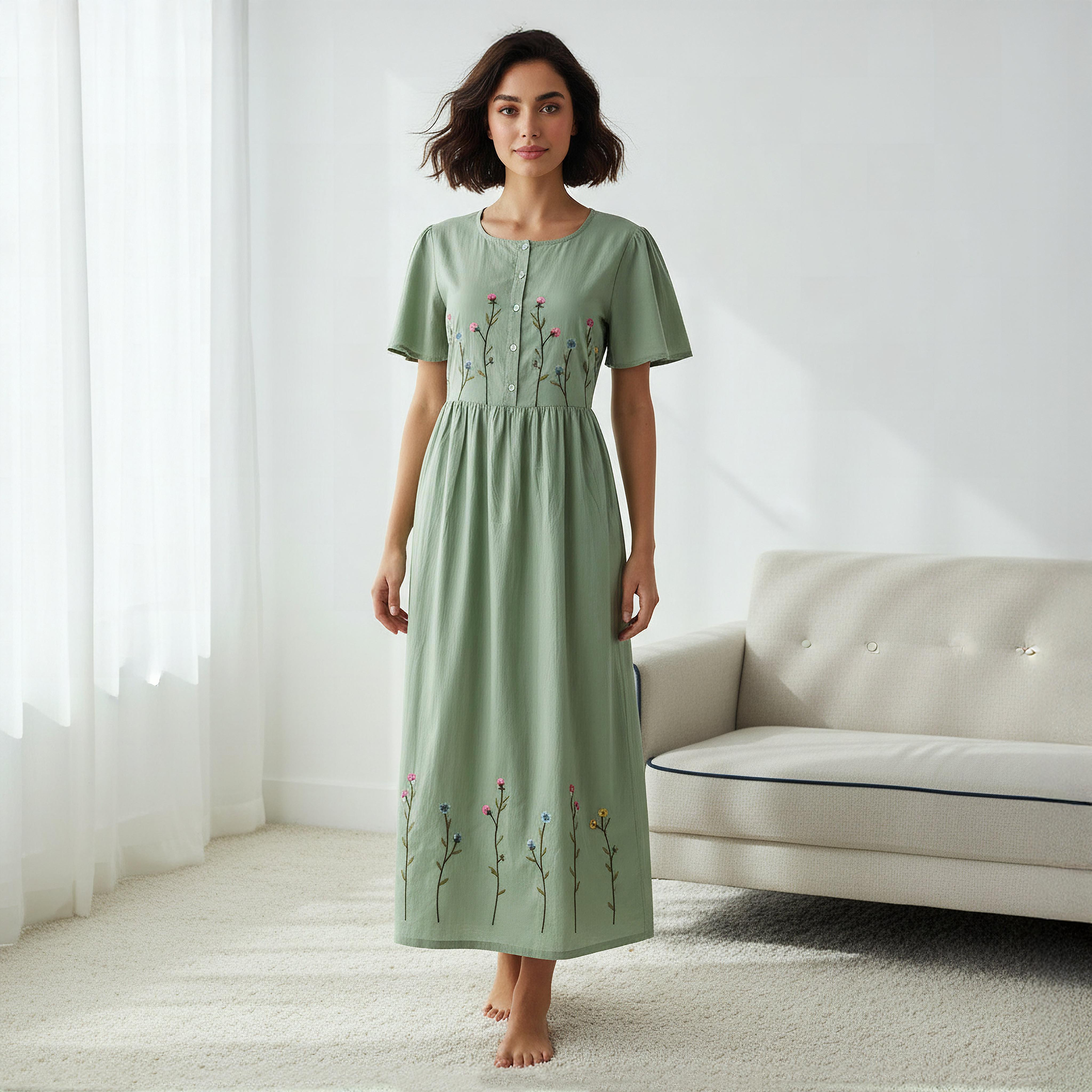 Night Dress Short Sleeves with Floral Embroidery Cotton-women-clothing-nightwear-nighties-image-1