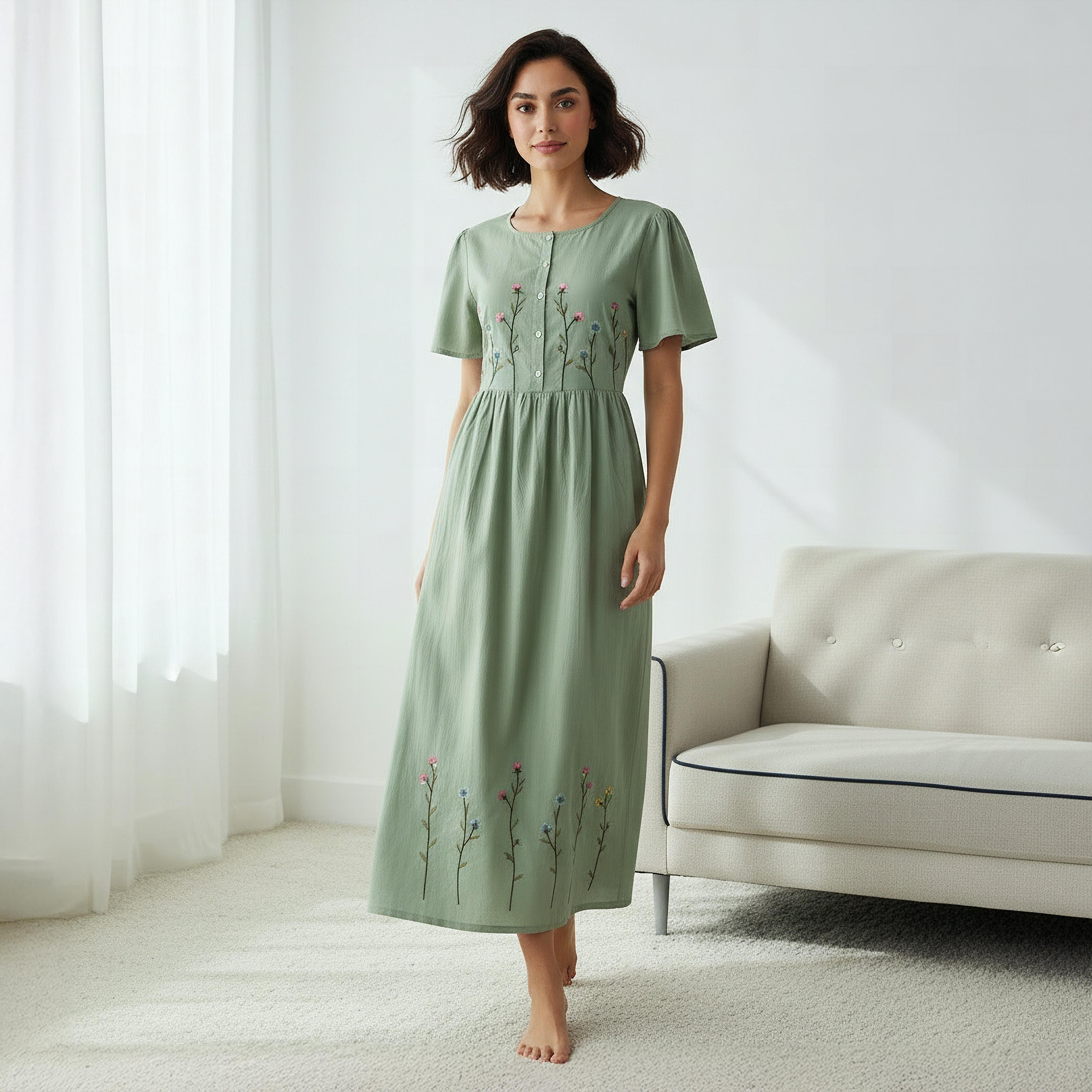Night Dress Short Sleeves with Floral Embroidery Cotton-women-clothing-nightwear-nighties-image-2