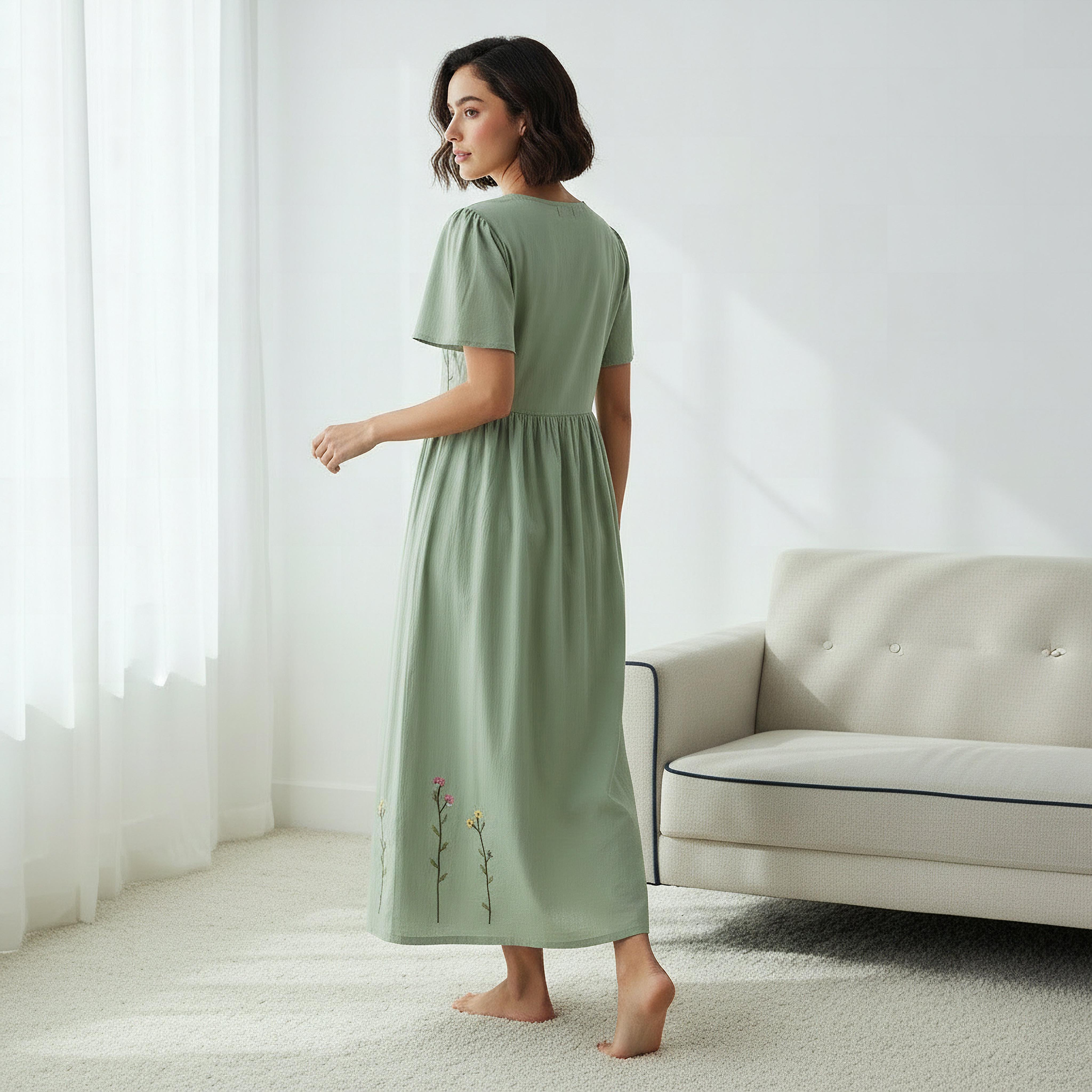 Night Dress Short Sleeves with Floral Embroidery Cotton-women-clothing-nightwear-nighties-image-3