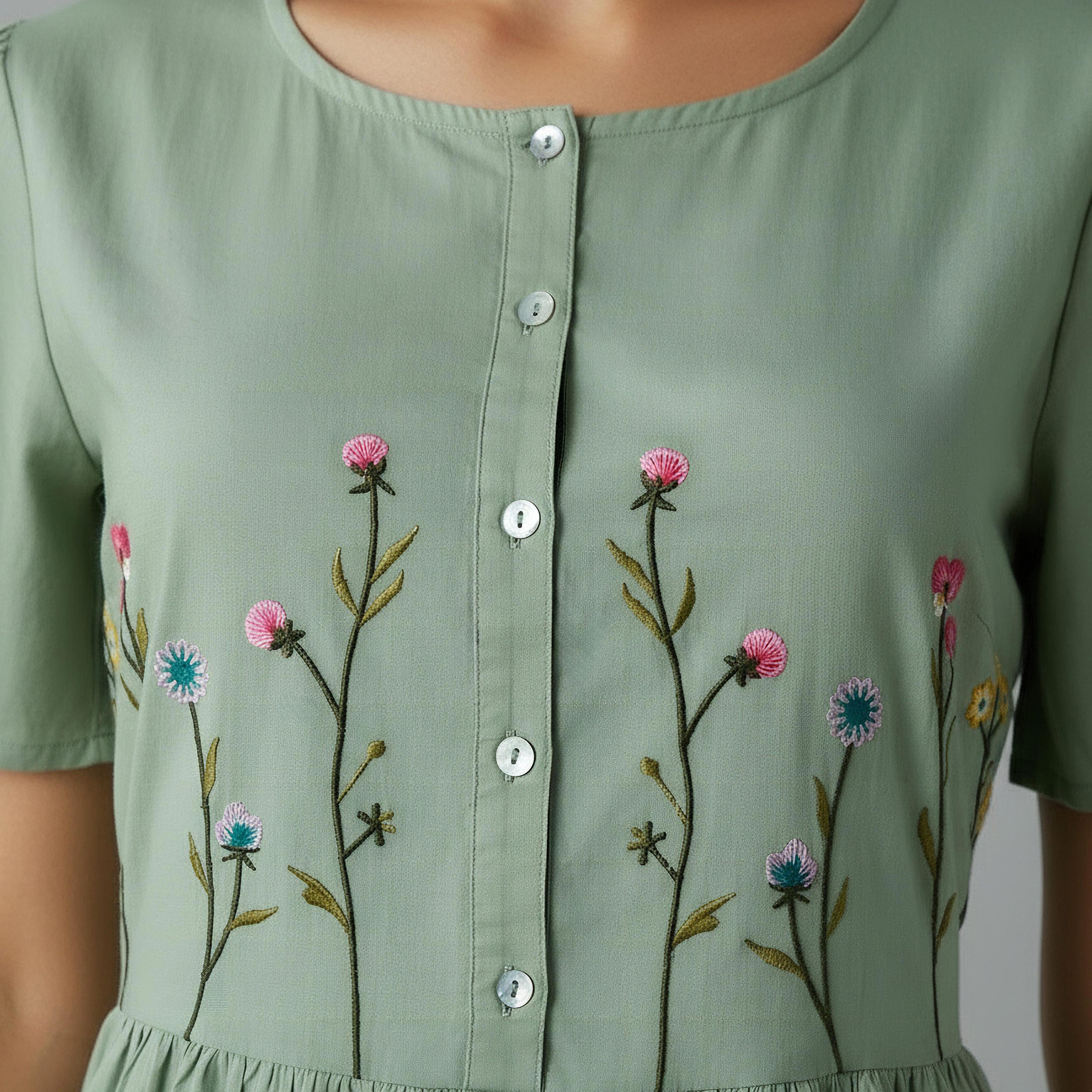 Night Dress Short Sleeves with Floral Embroidery Cotton-women-clothing-nightwear-nighties-image-4