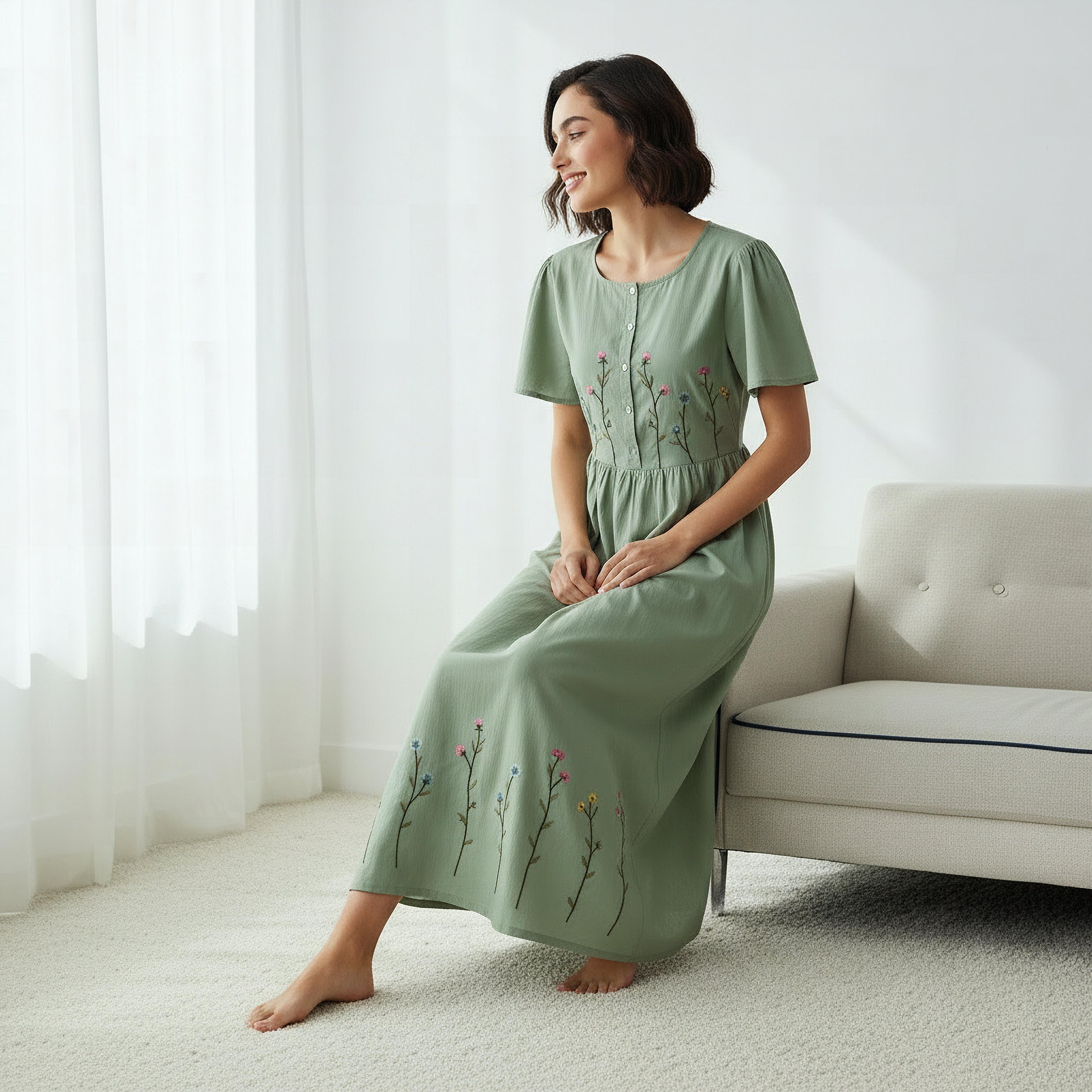 Night Dress Short Sleeves with Floral Embroidery Cotton-women-clothing-nightwear-nighties-image-5
