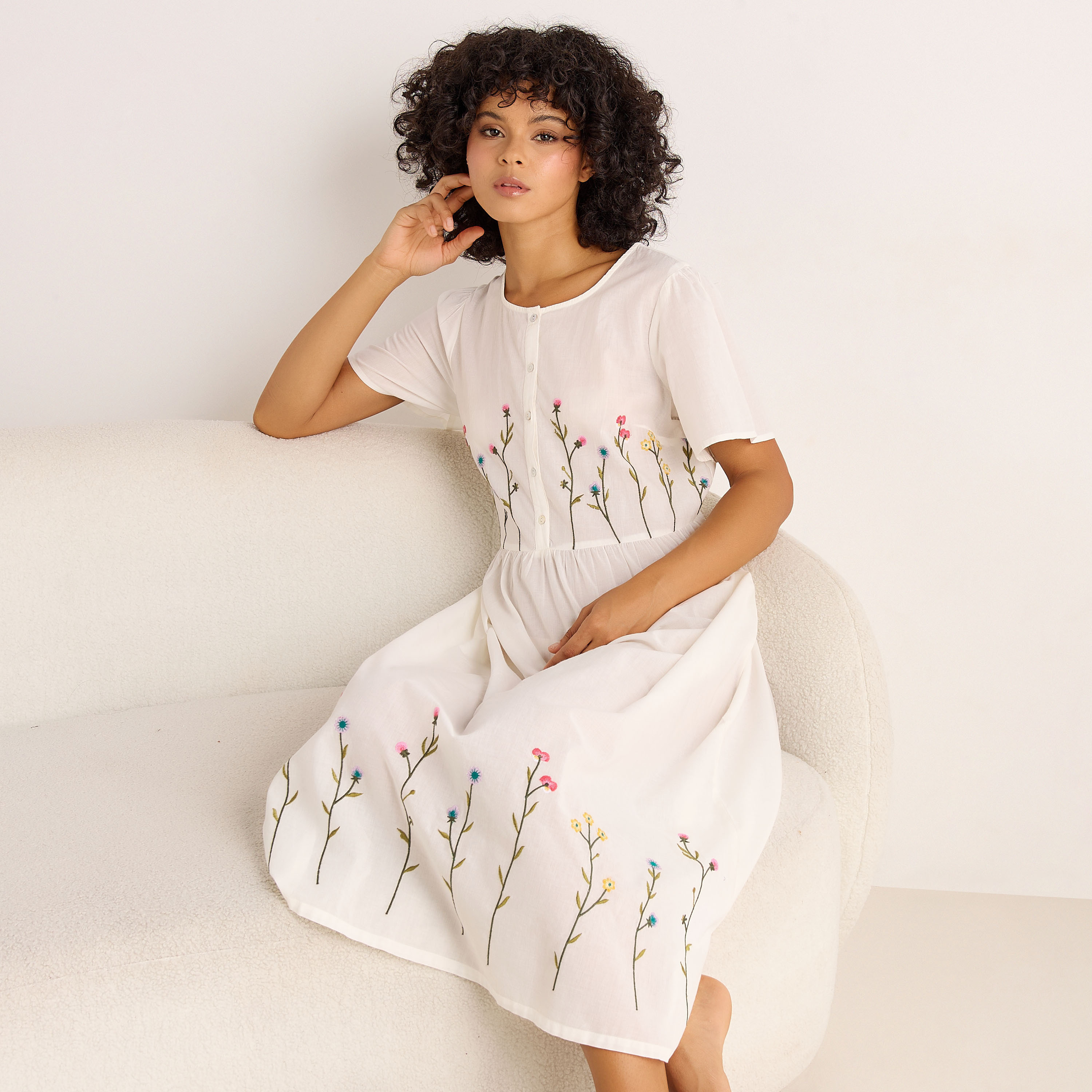 Night Dress Short Sleeves with Floral Embroidery Cotton-women-clothing-nightwear-nighties-image-1