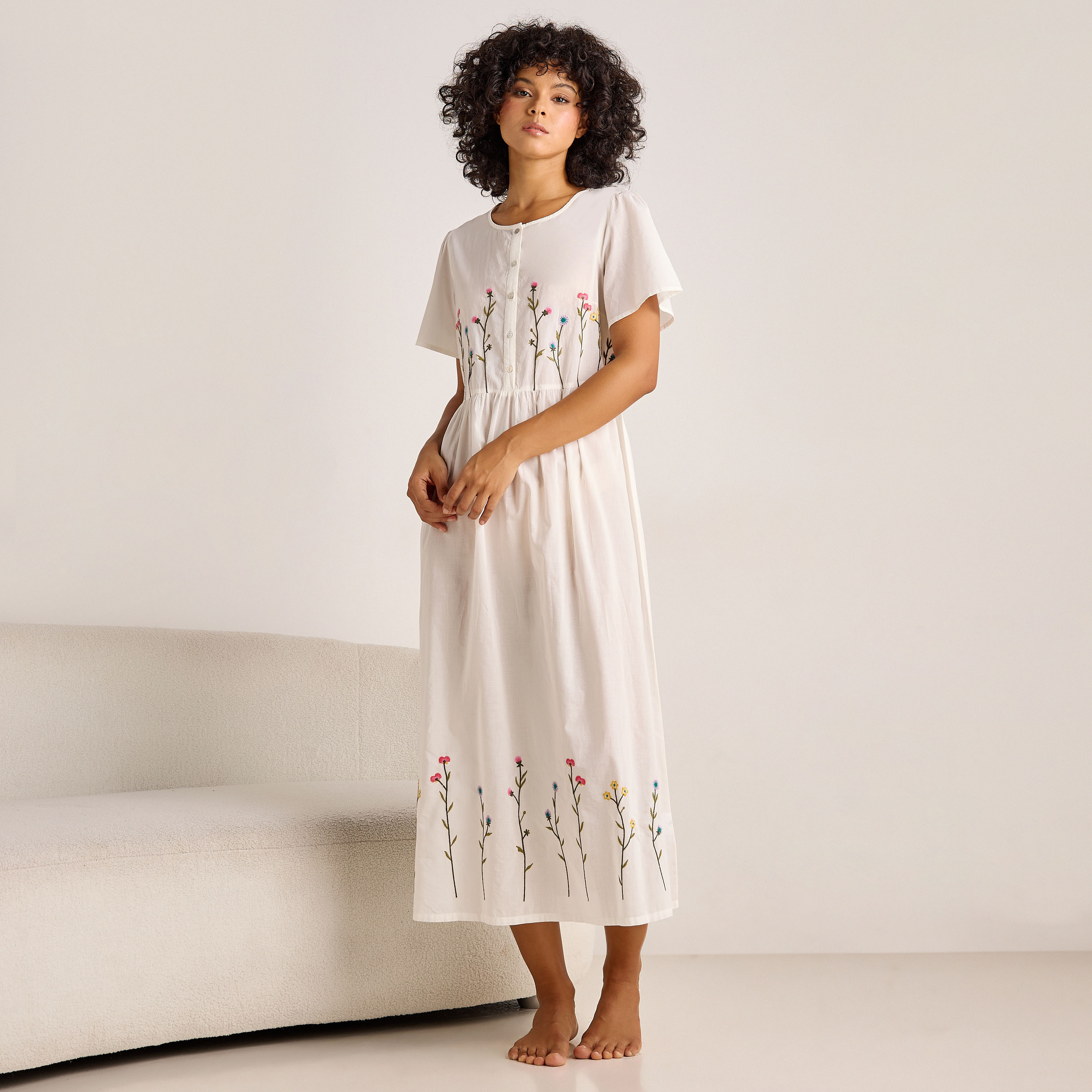 Night Dress Short Sleeves with Floral Embroidery Cotton-women-clothing-nightwear-nighties-image-2