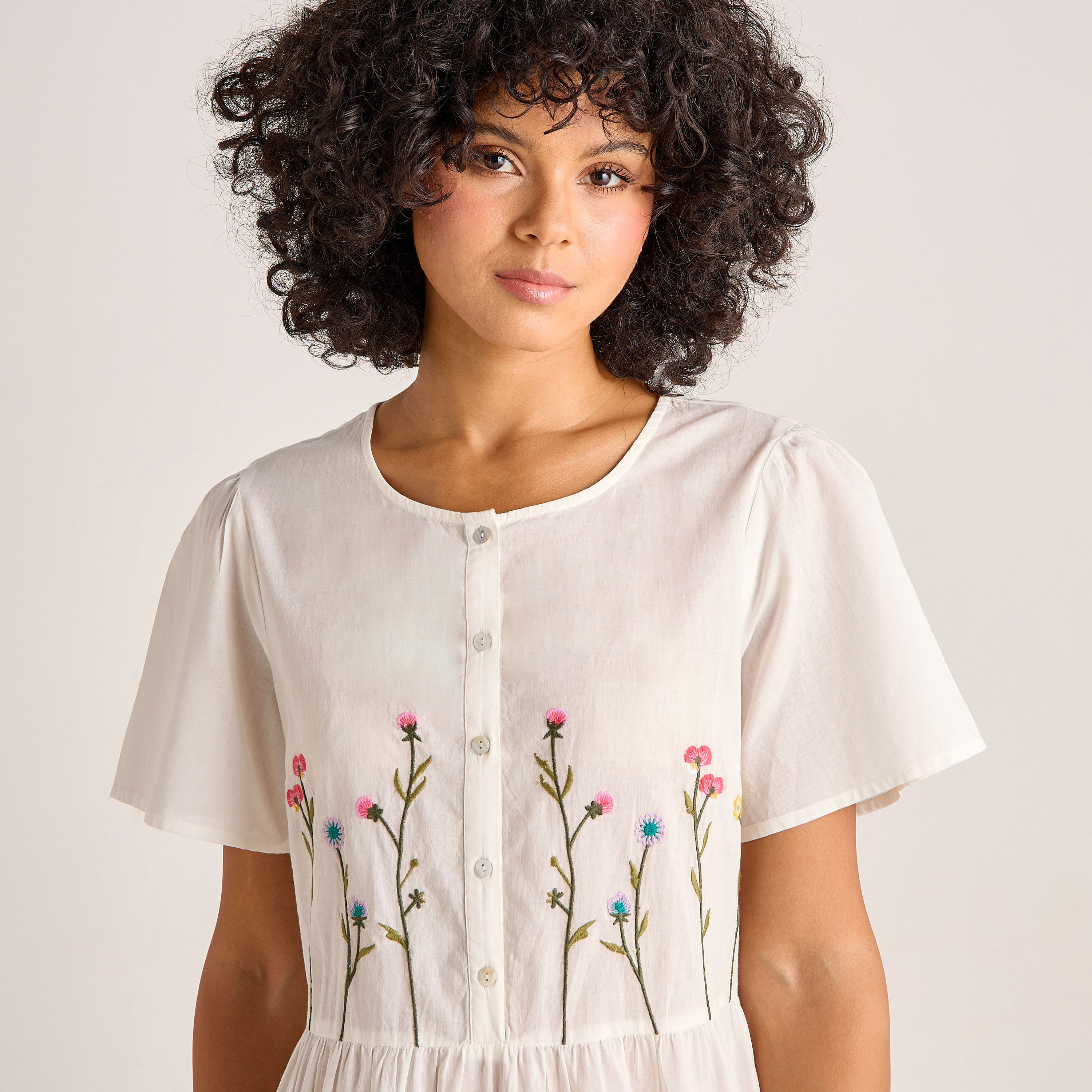 Night Dress Short Sleeves with Floral Embroidery Cotton-women-clothing-nightwear-nighties-image-3