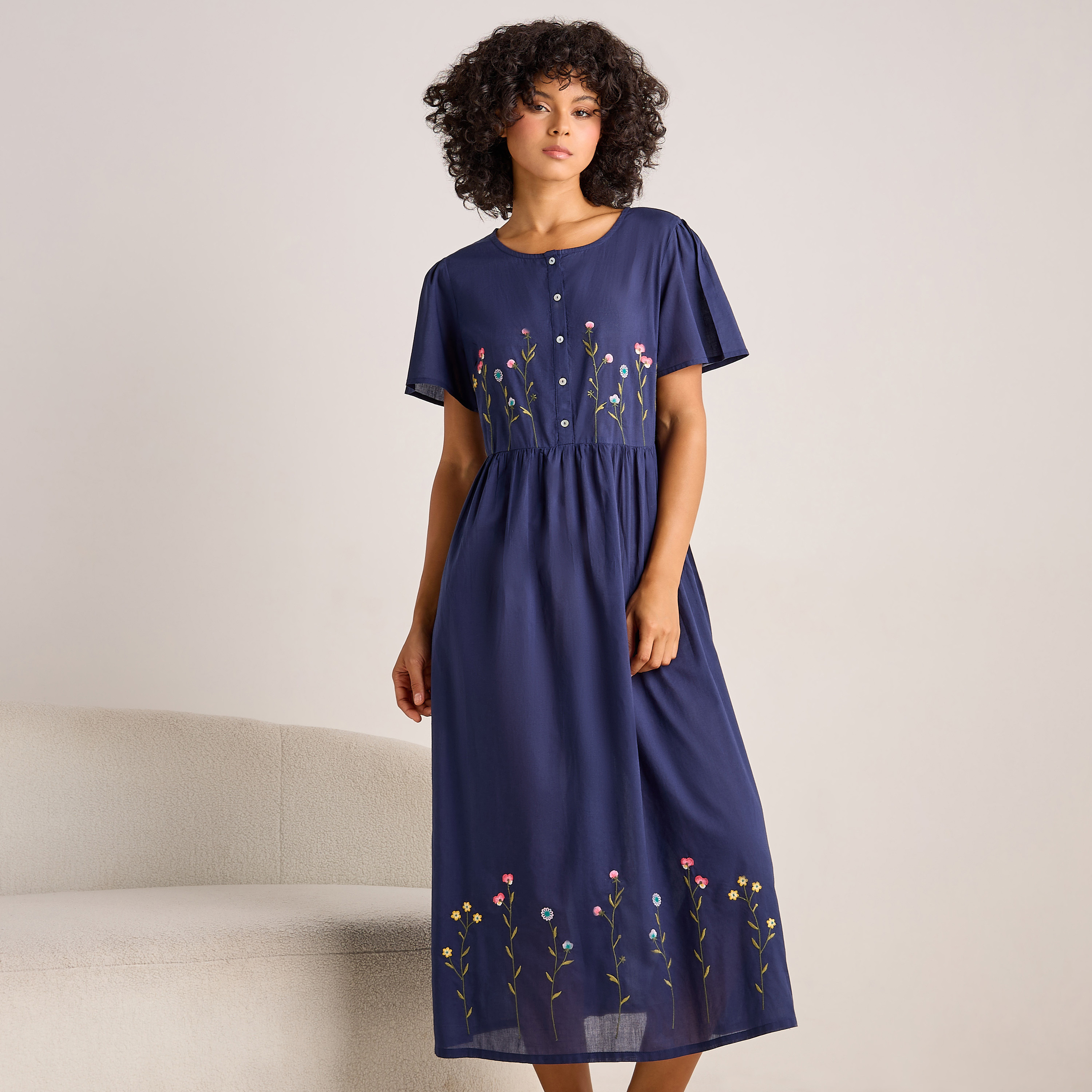 Night Dress Short Sleeves with Floral Embroidery Cotton-women-clothing-nightwear-nighties-image-1