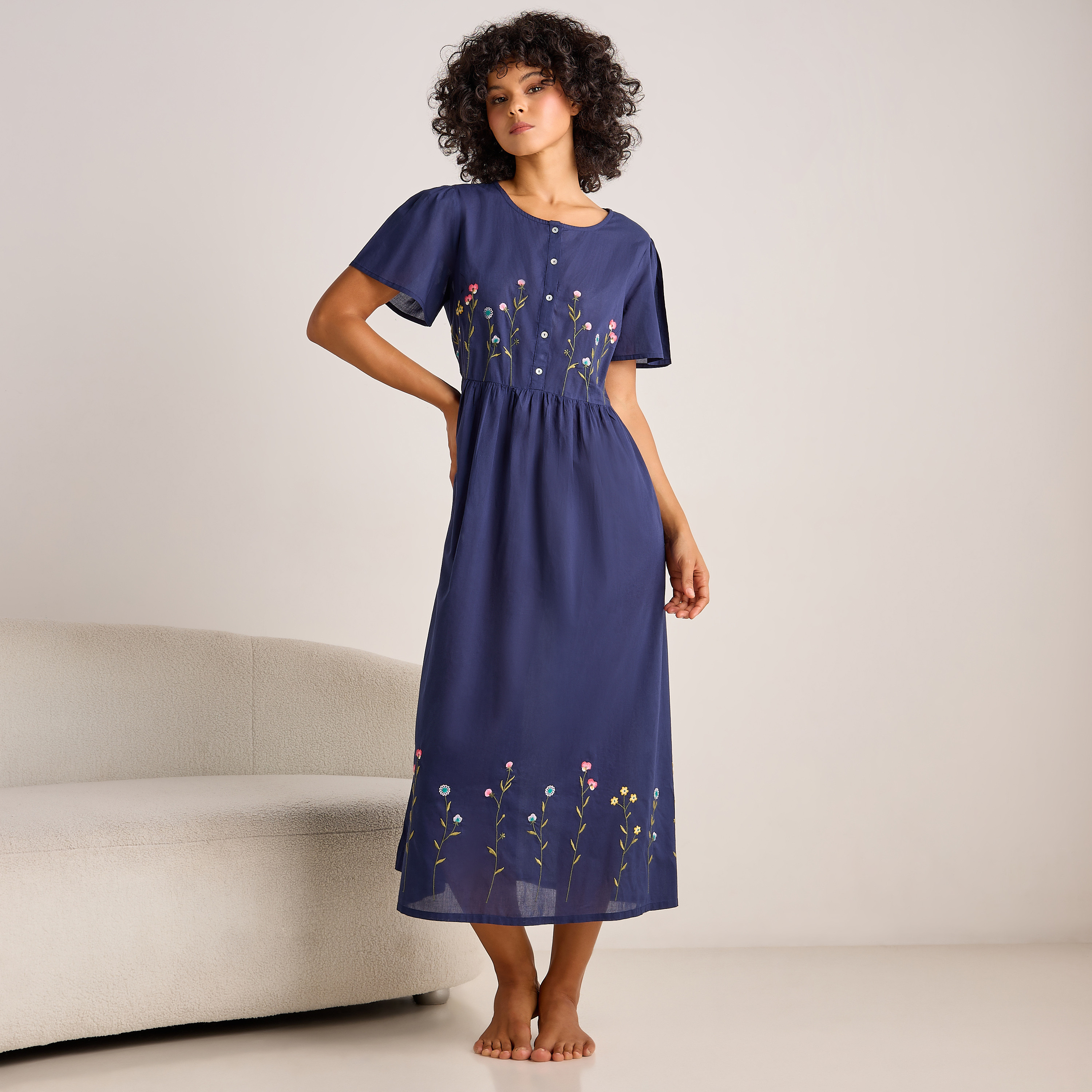 Night Dress Short Sleeves with Floral Embroidery Cotton-women-clothing-nightwear-nighties-image-2