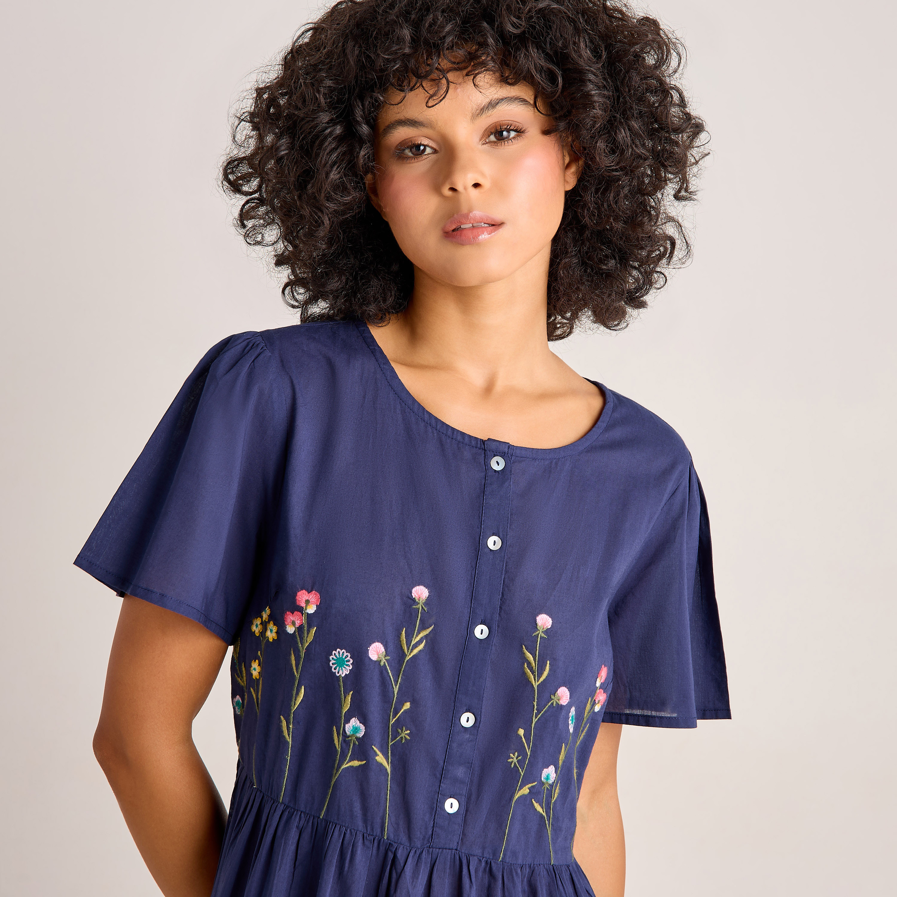 Night Dress Short Sleeves with Floral Embroidery Cotton-women-clothing-nightwear-nighties-image-3