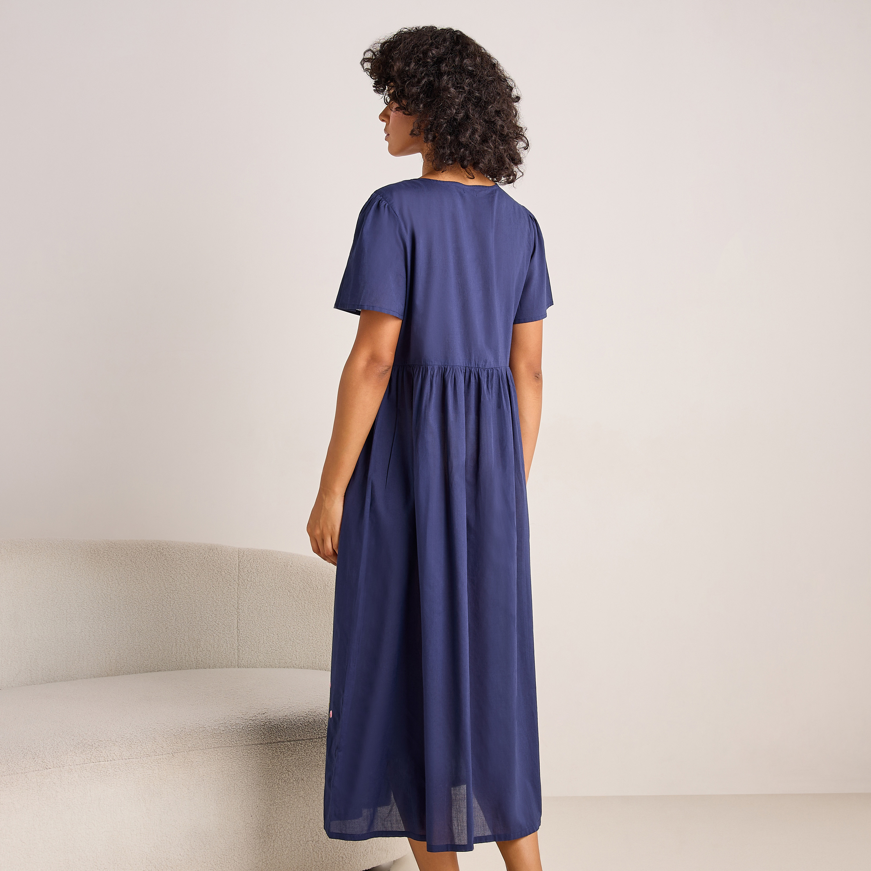 Night Dress Short Sleeves with Floral Embroidery Cotton-women-clothing-nightwear-nighties-image-4