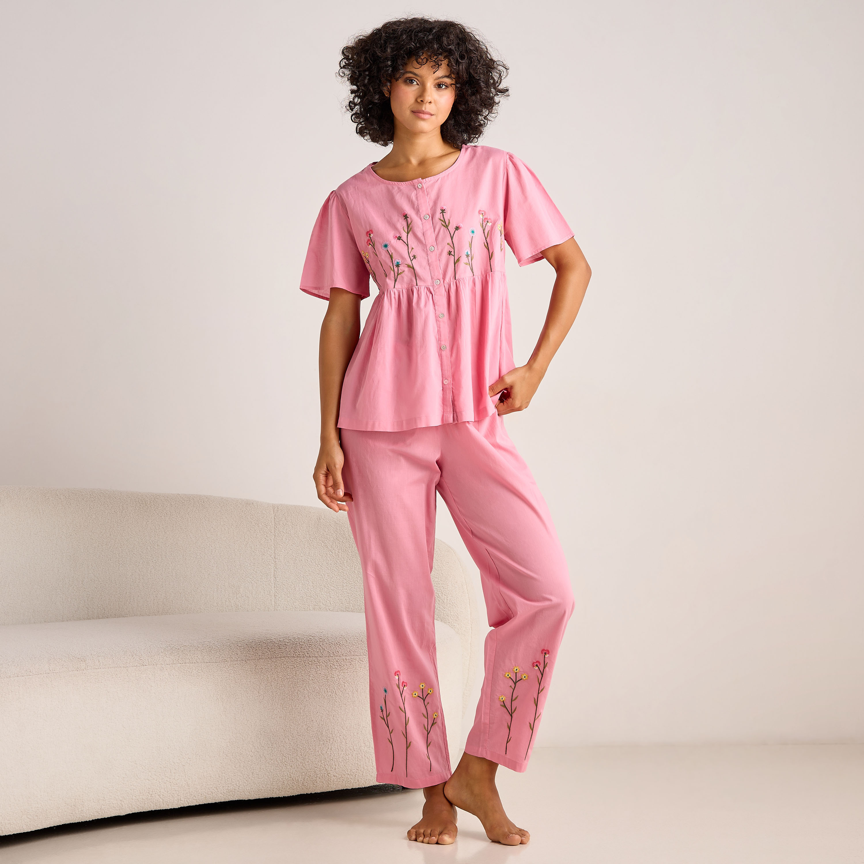 Pyjama Set Button-Down Top and Pants Cotton-women-clothing-nightwear-pyjamas-longsets-image-1