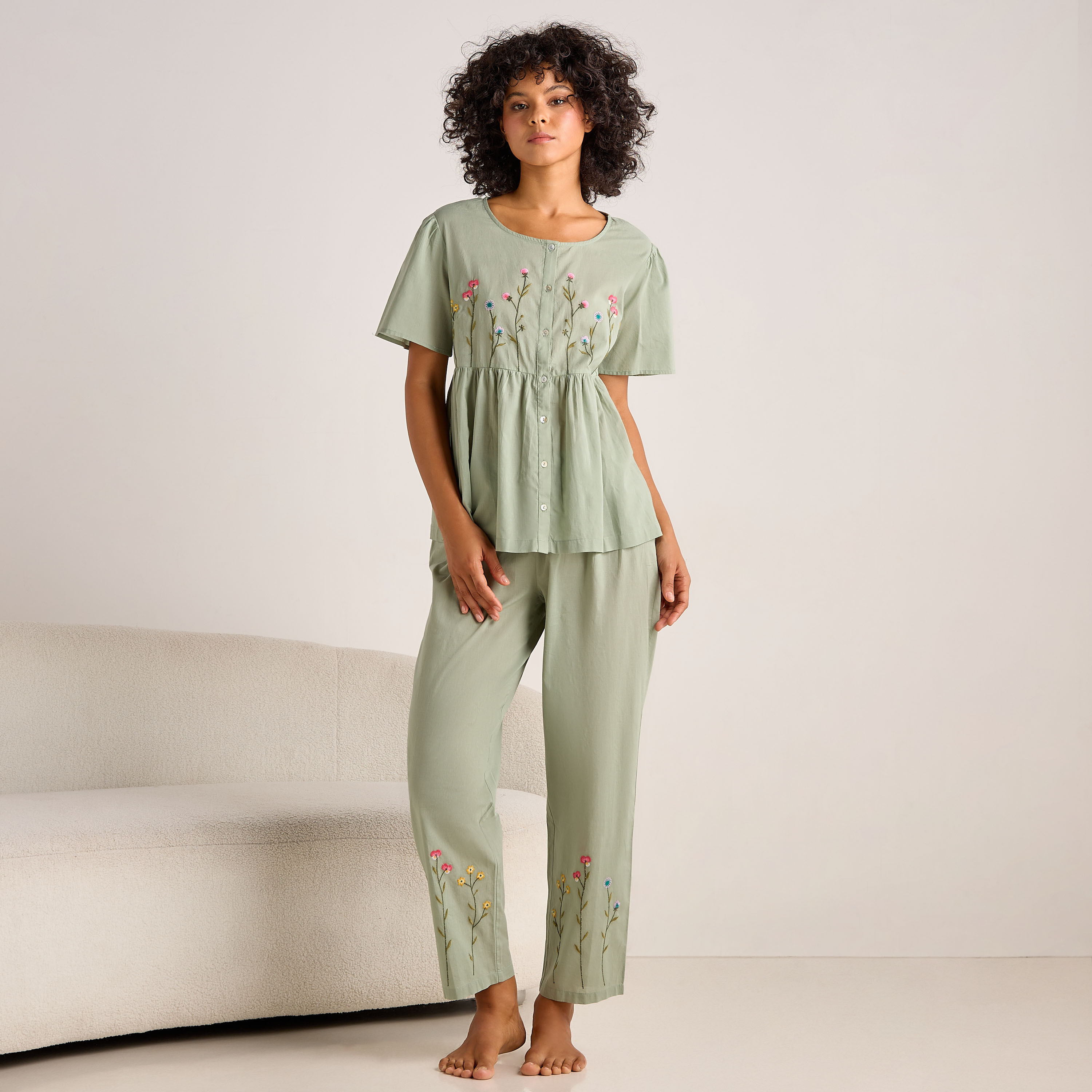 Pyjama Set Button-Down Top and Pants Cotton-women-clothing-nightwear-pyjamas-longsets-image-1