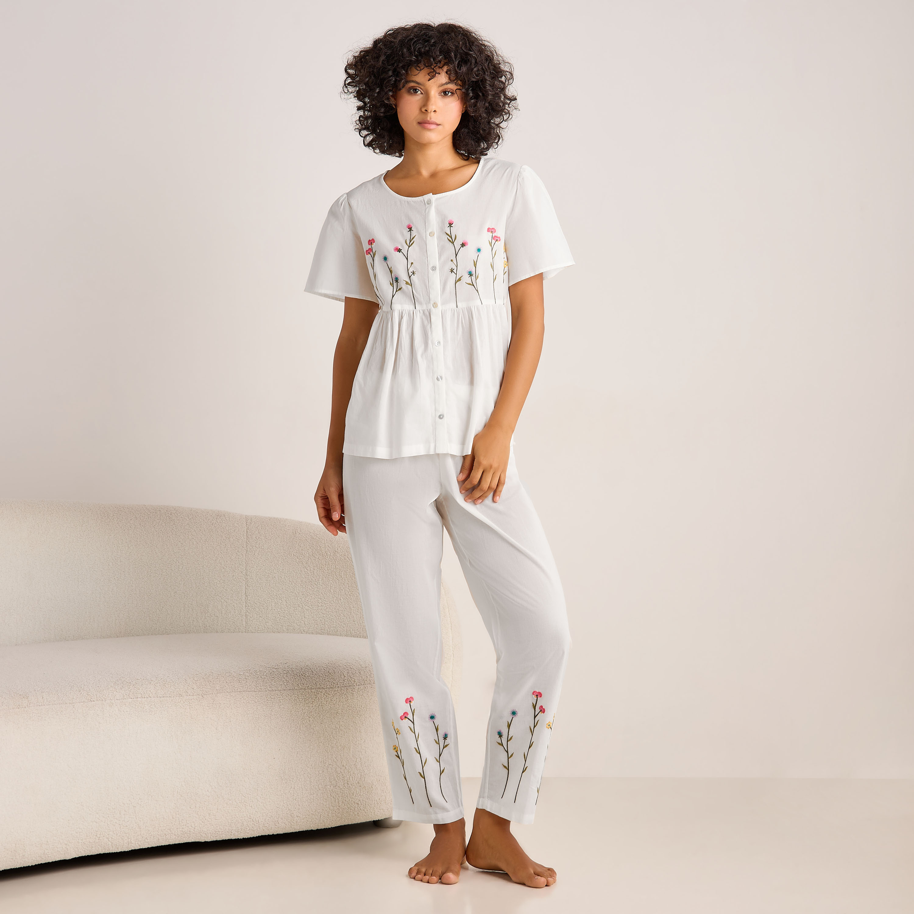 Pyjama Set Button-Down Top and Pants Cotton-women-clothing-nightwear-pyjamas-longsets-image-1