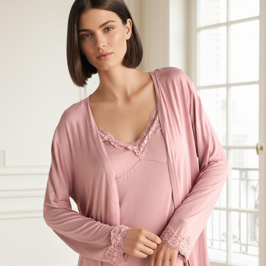 Night Dress with Robe Sleeveless Lace Detail-women-clothing-nightwear-nighties-image-3